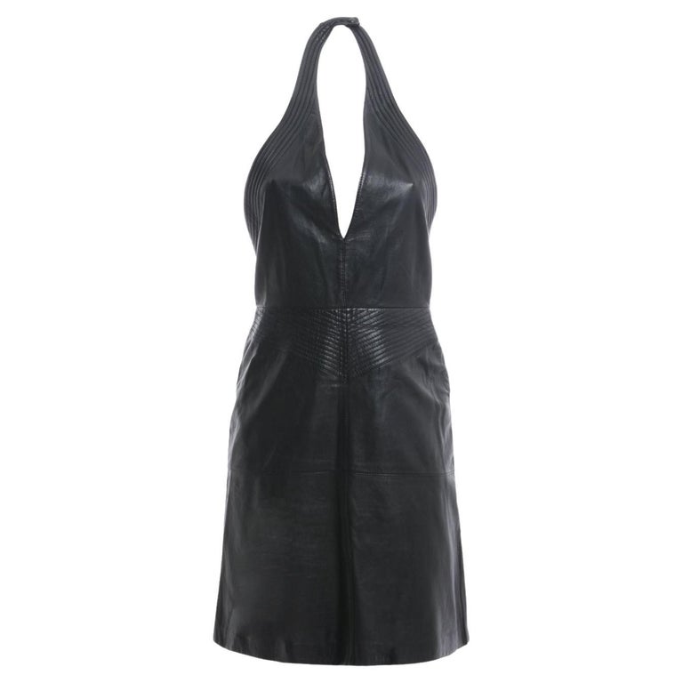 chinese dress ladies 1980's Vintage Black Leather Dress w/ Mutton Sleeves Size 2/4