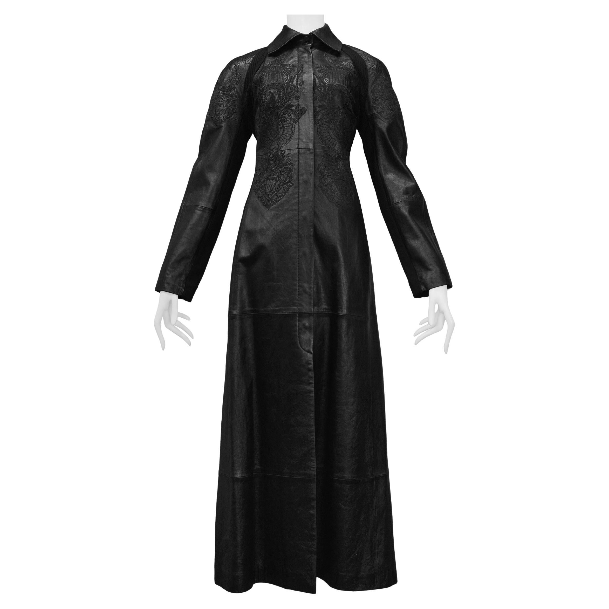 Gianfranco Ferre Long Black Leather Maxi Coat With Fancy Embroidery