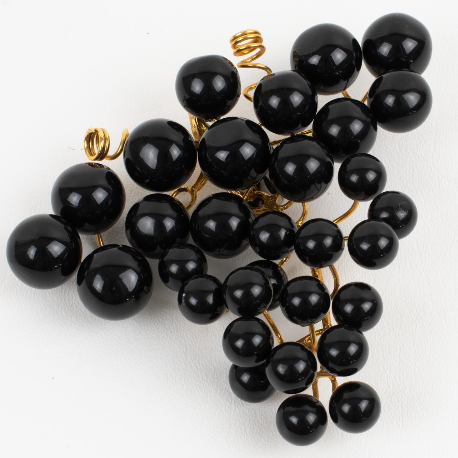 Modern Gianfranco Ferre Massive Sculptural Pin Brooch Black Resin Grapes For Sale