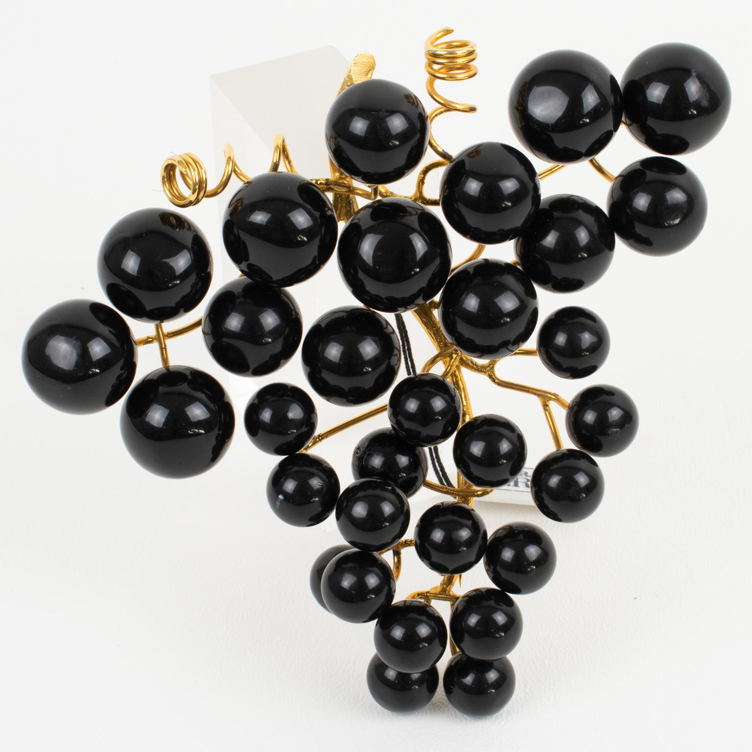 Women's or Men's Gianfranco Ferre Massive Sculptural Pin Brooch Black Resin Grapes For Sale