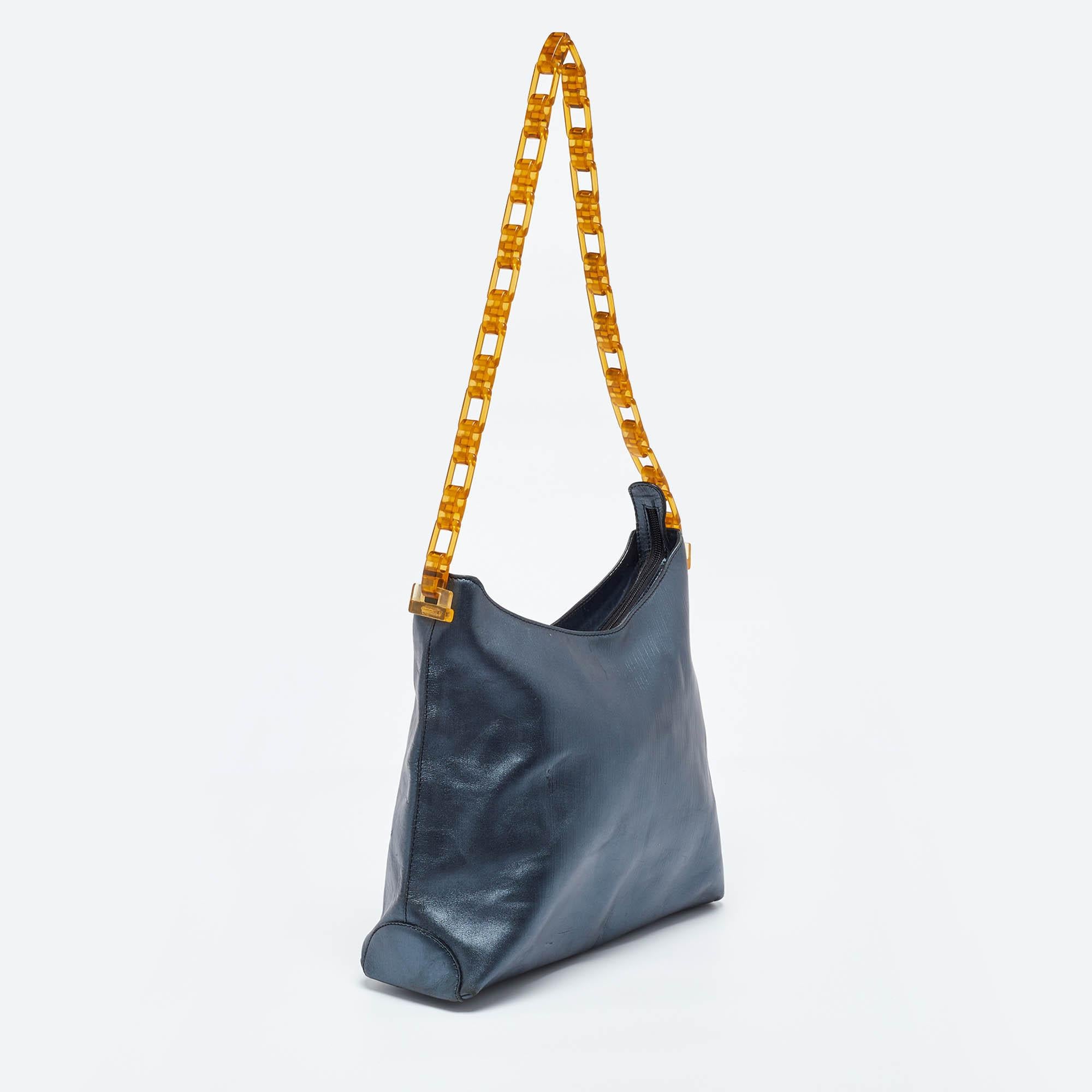 Gray Gianfranco Ferre Metallic Blue Leather Chain Hobo For Sale