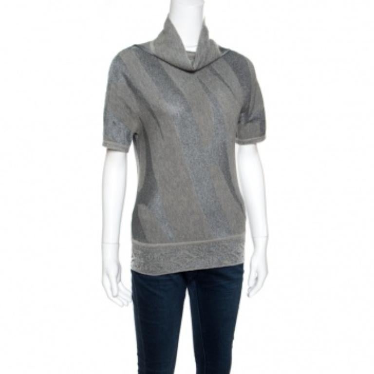 Grigio Gianfranco Ferre Top a maniche corte in maglia jacquard a motivi metallici M. in vendita