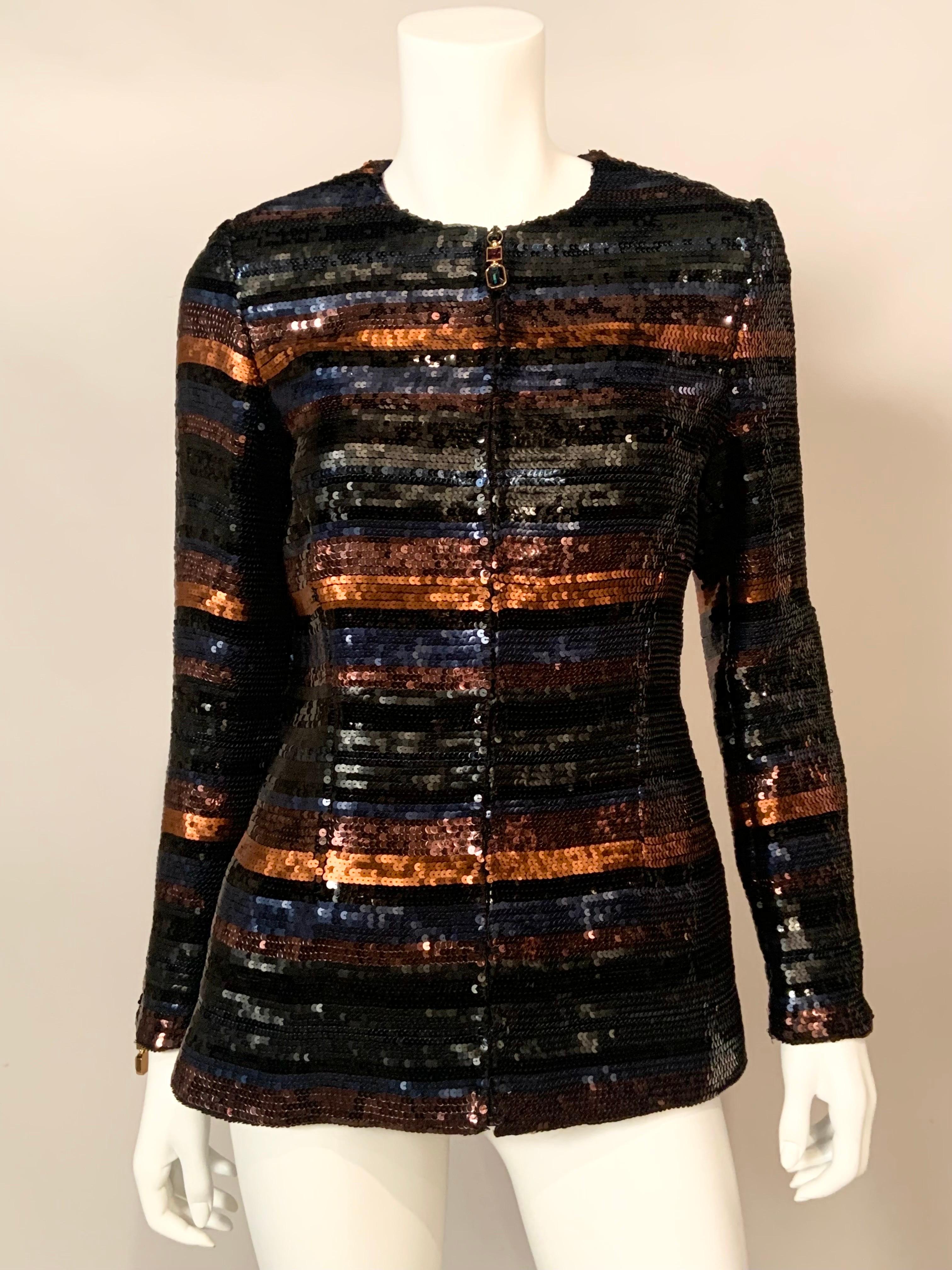 Gianfranco Ferre Multi Color Striped Zip Front Sequin Jacket For Sale 5