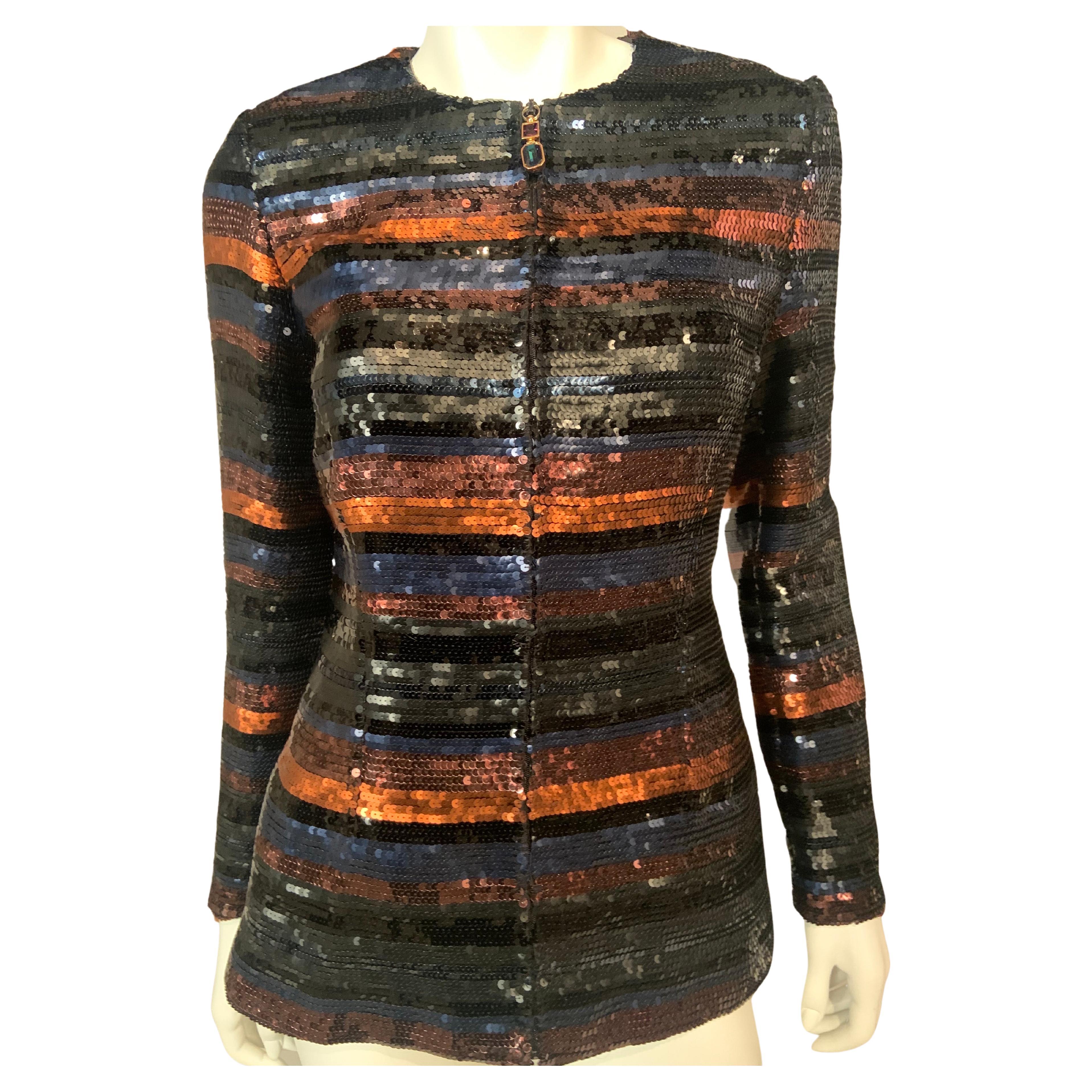 Gianfranco Ferre Multi Color Striped Zip Front Sequin Jacket For Sale