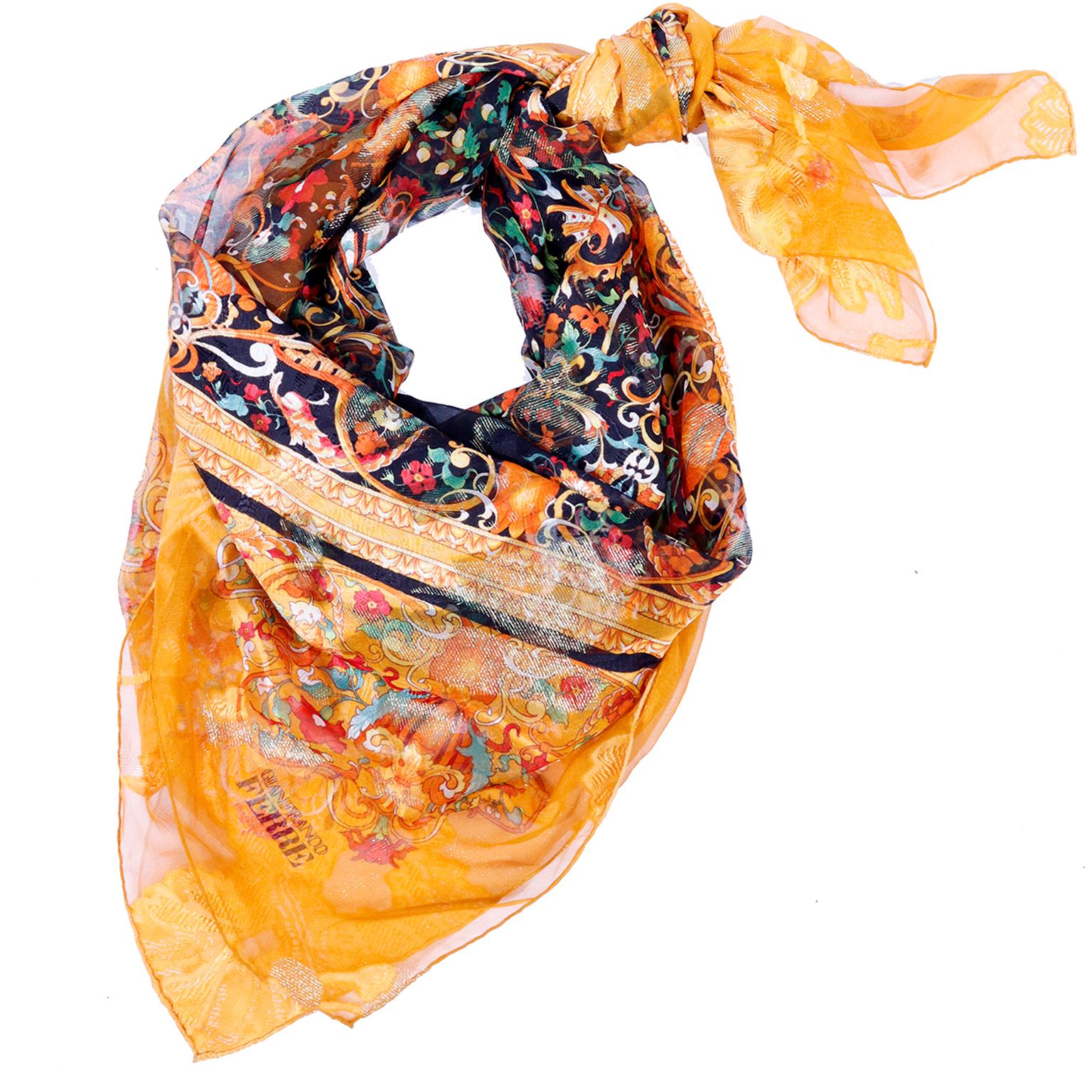 Gianfranco Ferre Multi Colored Vintage Fine Silk Metallic Sheer Scarf or Shawl In Excellent Condition In Portland, OR