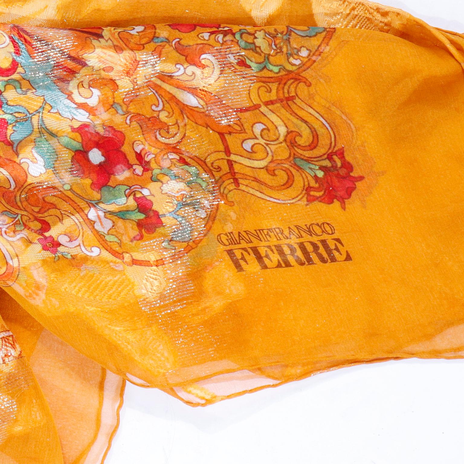 Gianfranco Ferre Multi Colored Vintage Fine Silk Metallic Sheer Scarf or Shawl 2