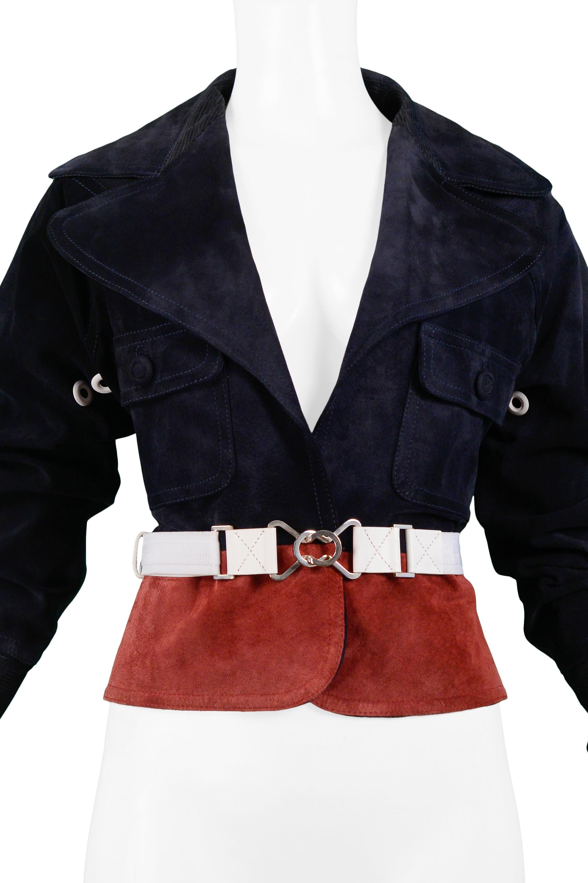 Black Gianfranco Ferre Navy & Burgundy Suede Belted Jacket For Sale