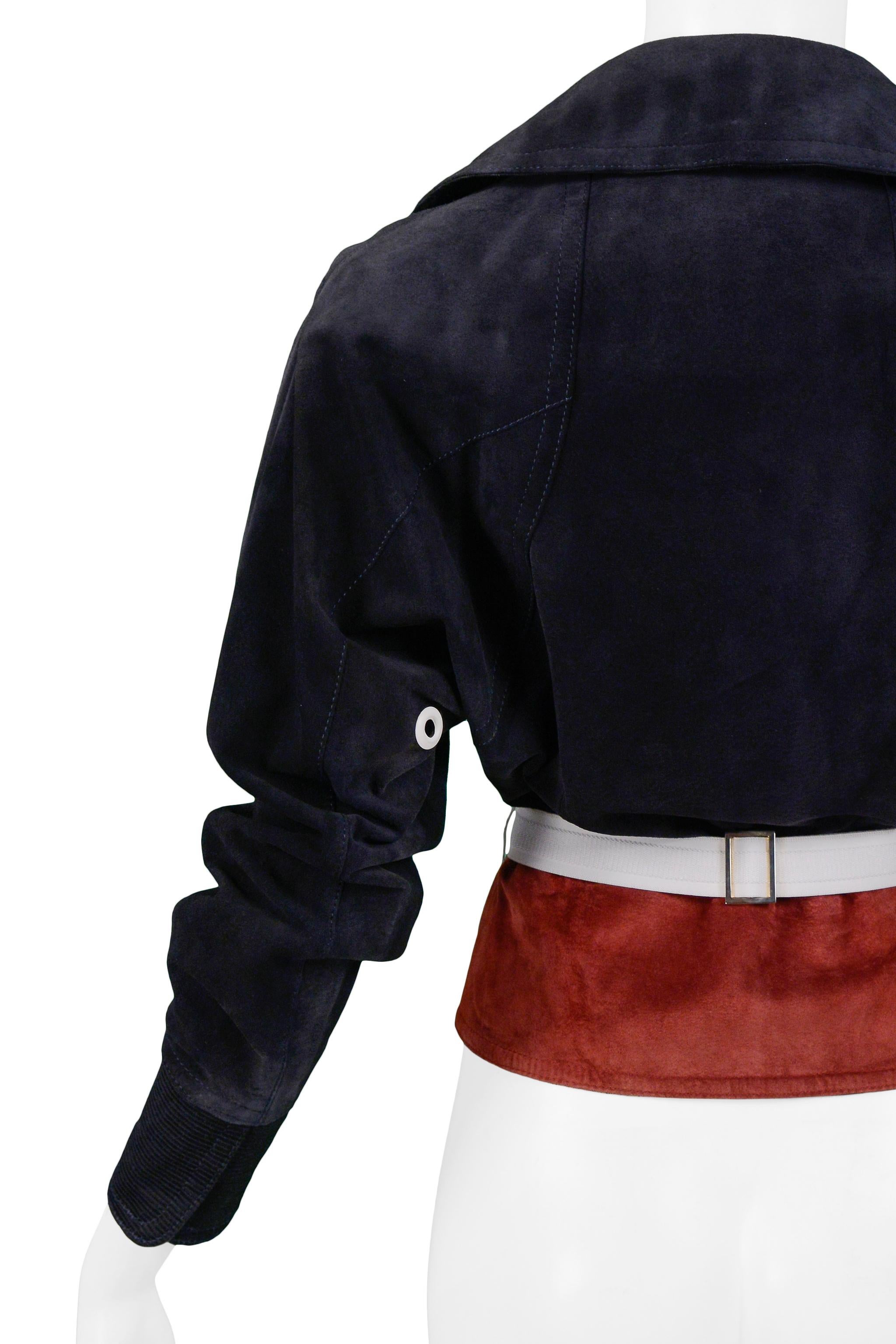 Gianfranco Ferre Navy & Burgundy Suede Belted Jacket In Excellent Condition For Sale In Los Angeles, CA