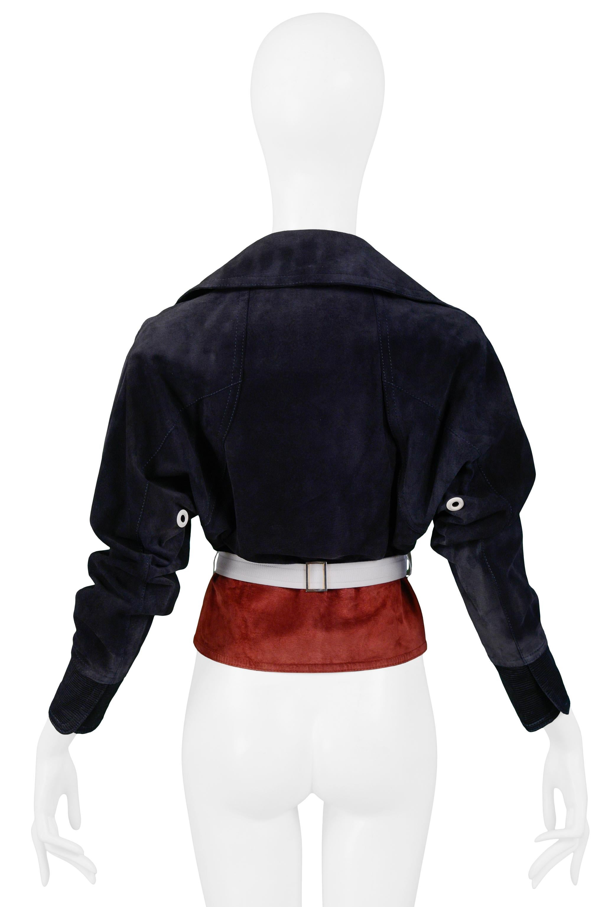 Women's Gianfranco Ferre Navy & Burgundy Suede Belted Jacket For Sale
