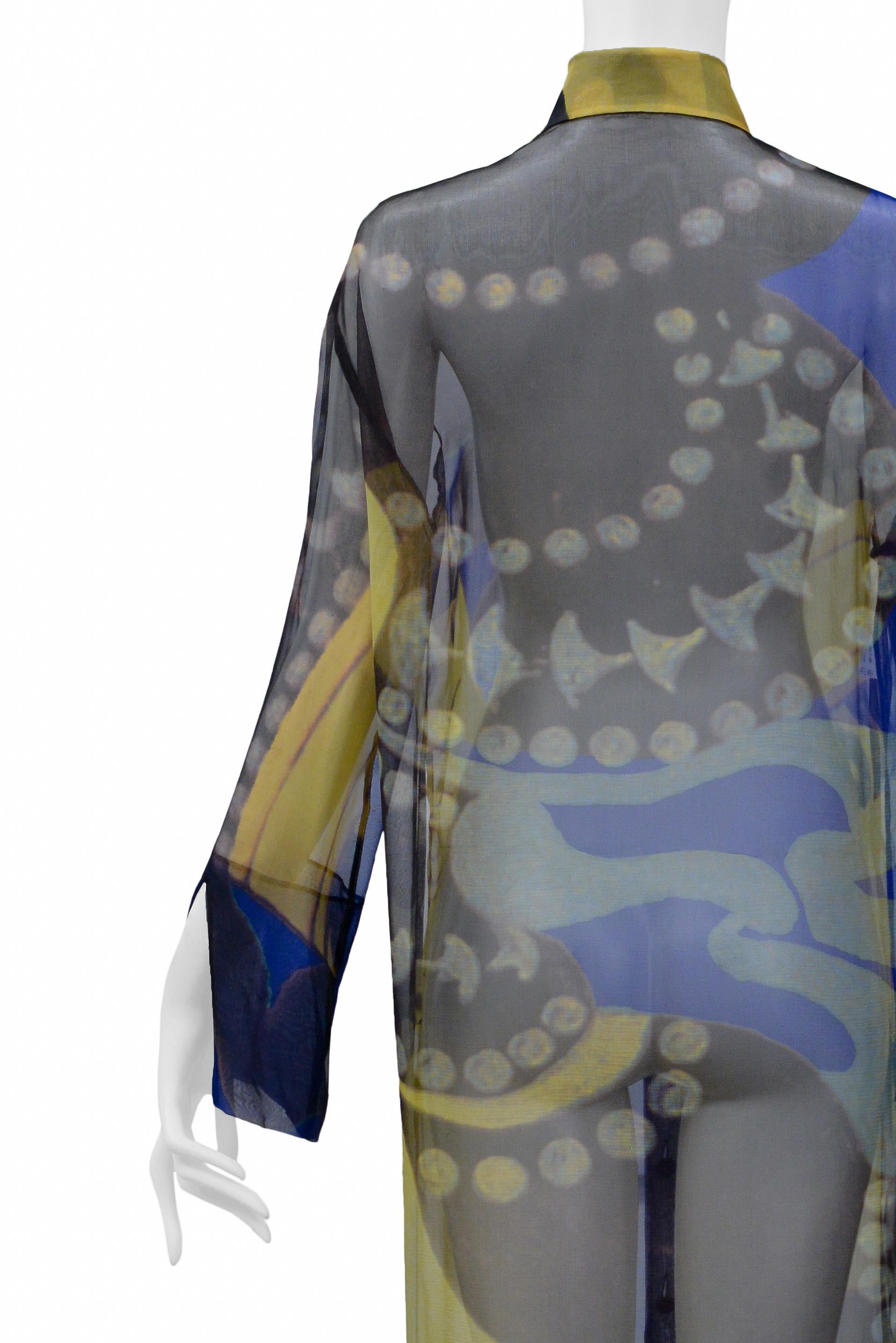 Gianfranco Ferre Navy & Gold Chiffon Caftan Shirt Dress For Sale 1