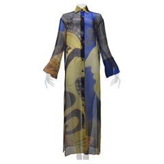 Gianfranco Ferre - Robe chemise caftan en mousseline de soie bleu marine et or