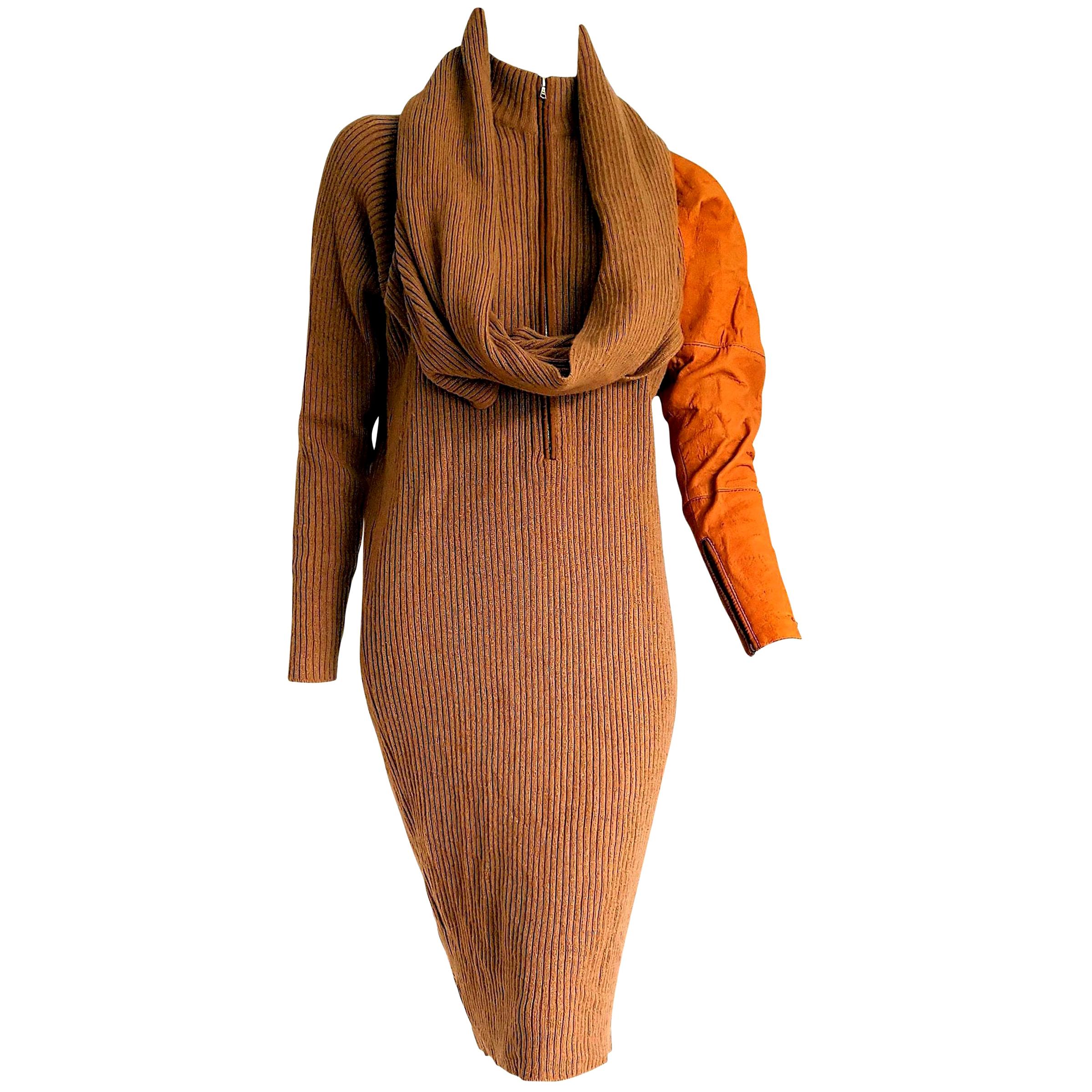 Gianfranco FERRE "New" One Deerskin Sleeve Mesh Camel Dress - Unworn For Sale