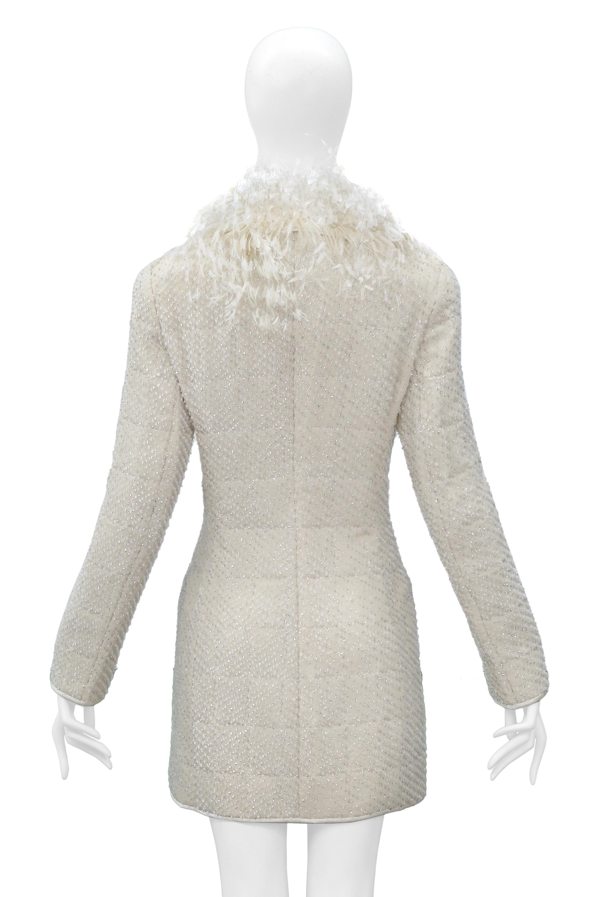 Gianfranco Ferre Off-White Quilted Evening Coat With Silver Flecks & Feathers In Excellent Condition In Los Angeles, CA