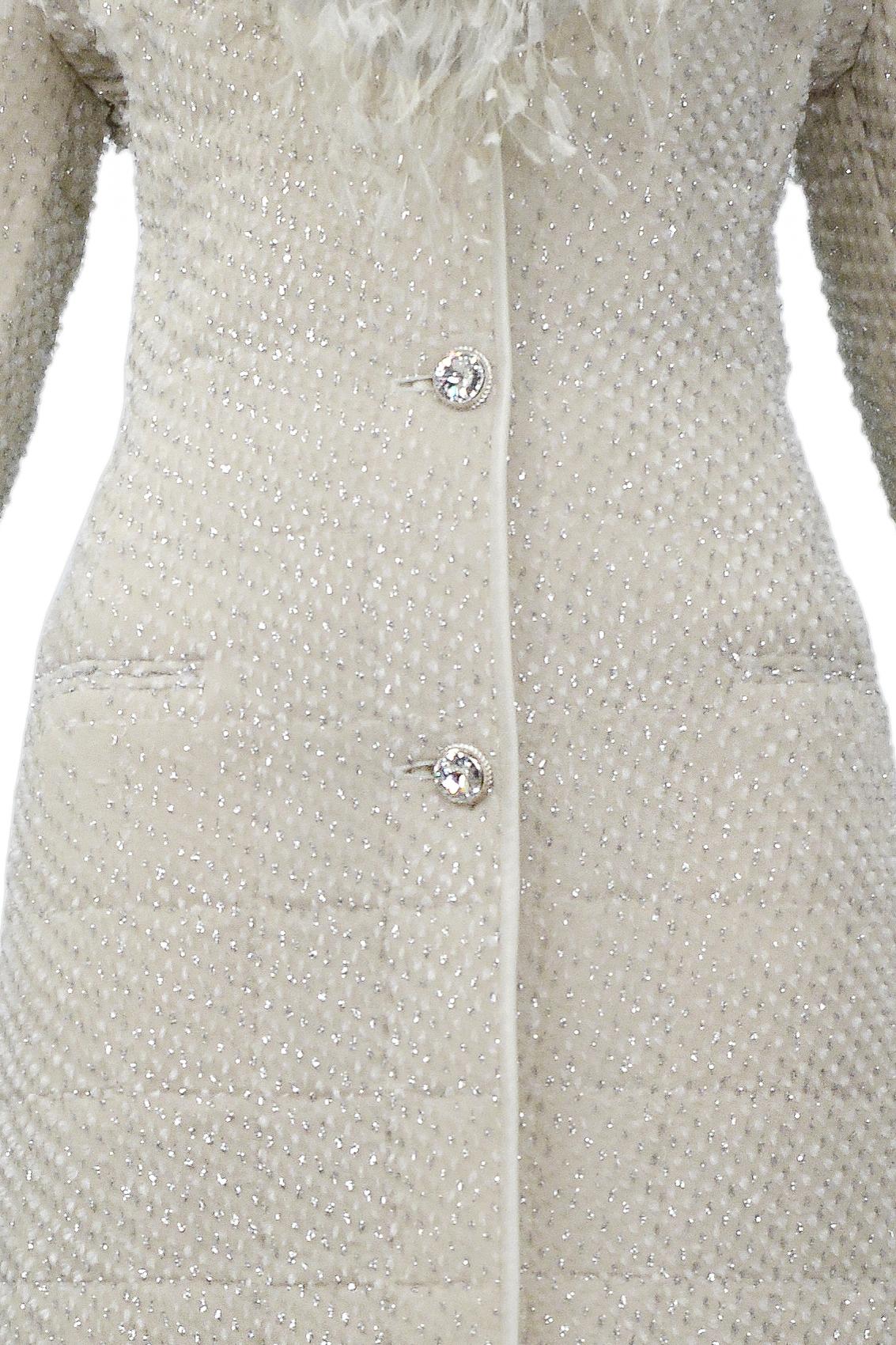 Women's Gianfranco Ferre Off-White Quilted Evening Coat With Silver Flecks & Feathers