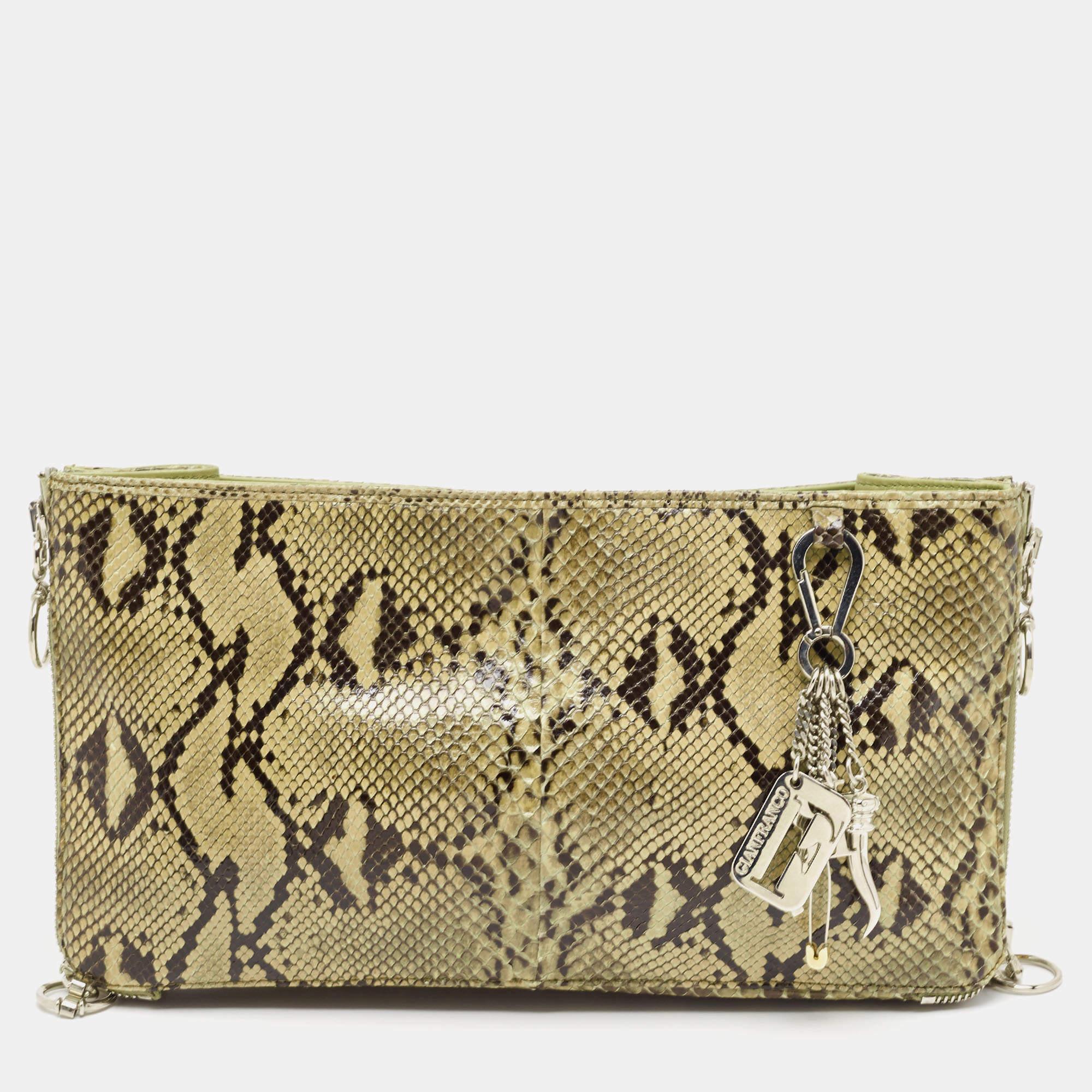 Gianfranco Ferre Olive Green Python Oversized Zip Clutch For Sale 9