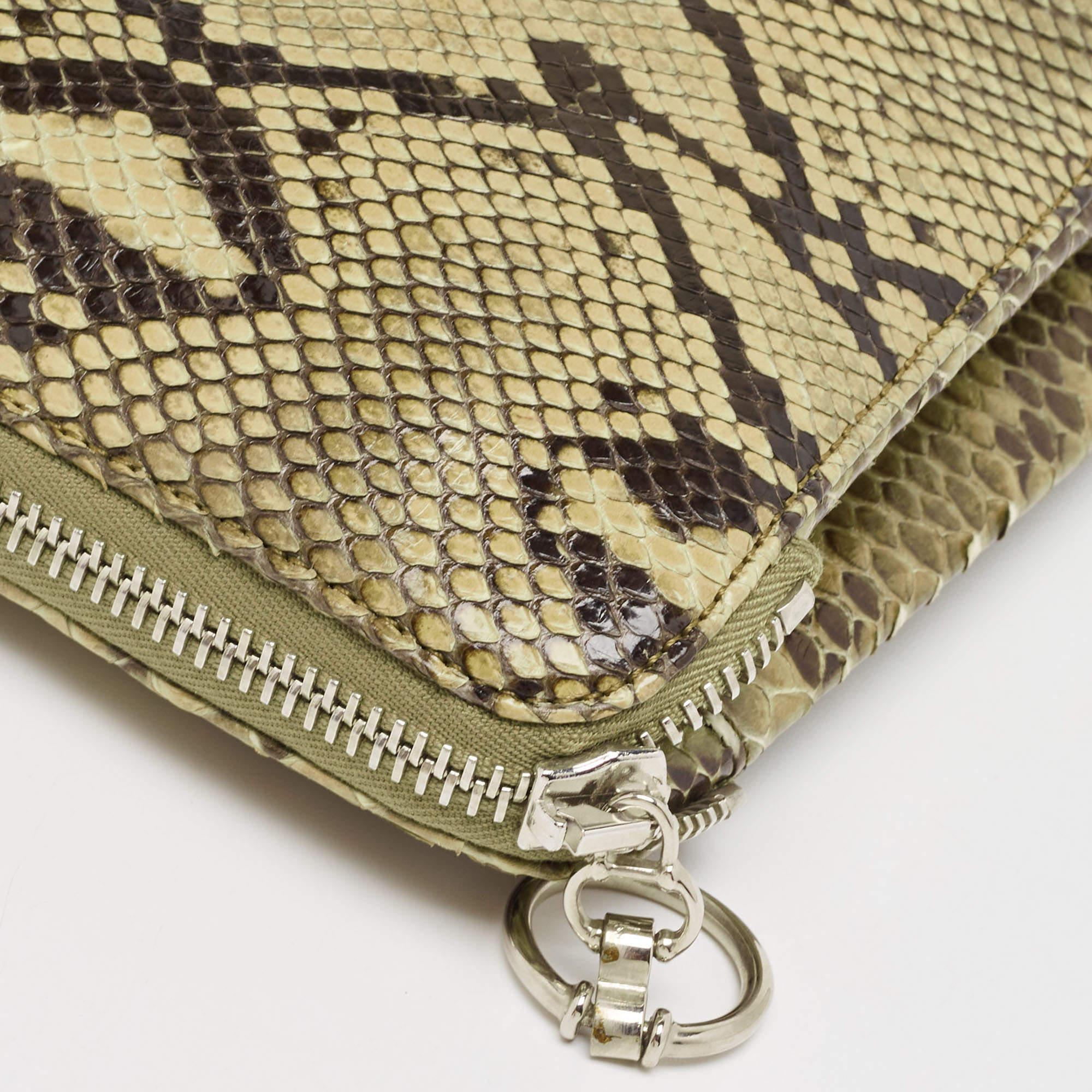 Women's Gianfranco Ferre Olive Green Python Oversized Zip Clutch For Sale
