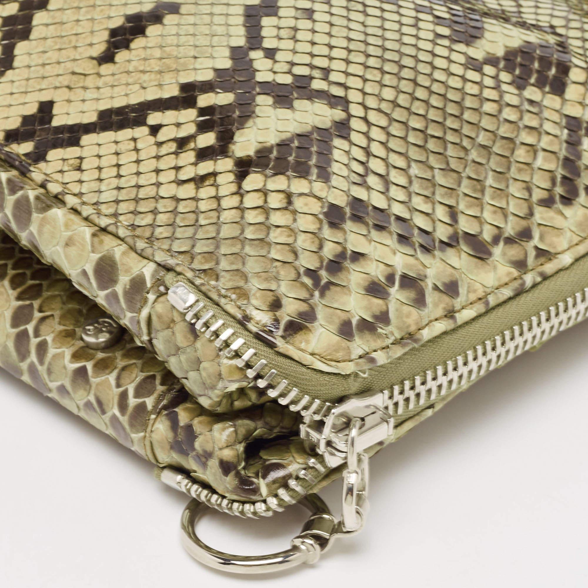 Gianfranco Ferre Olive Green Python Oversized Zip Clutch For Sale 1