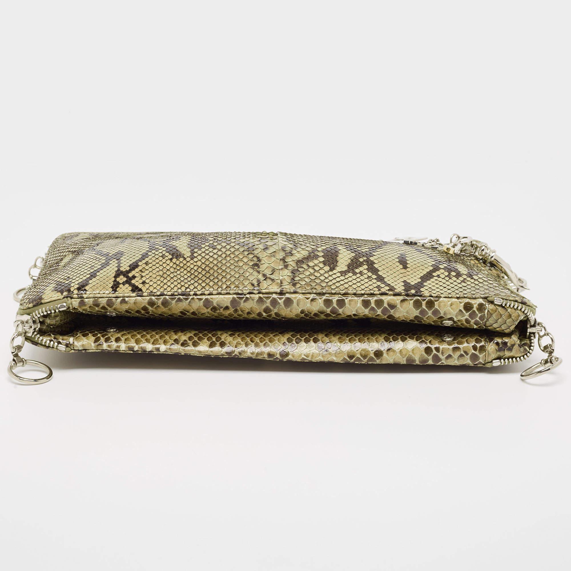 Gianfranco Ferre Olive Green Python Oversized Zip Clutch For Sale 2