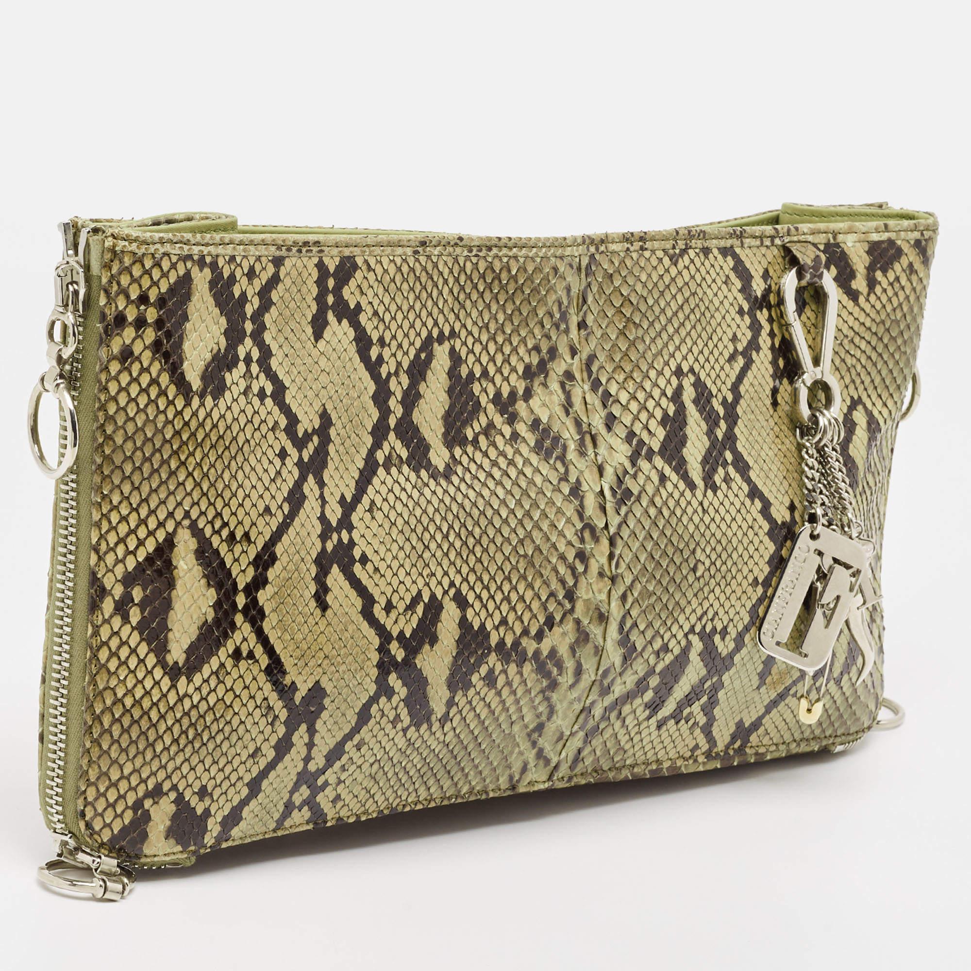 Gianfranco Ferre Olive Green Python Oversized Zip Clutch For Sale 3