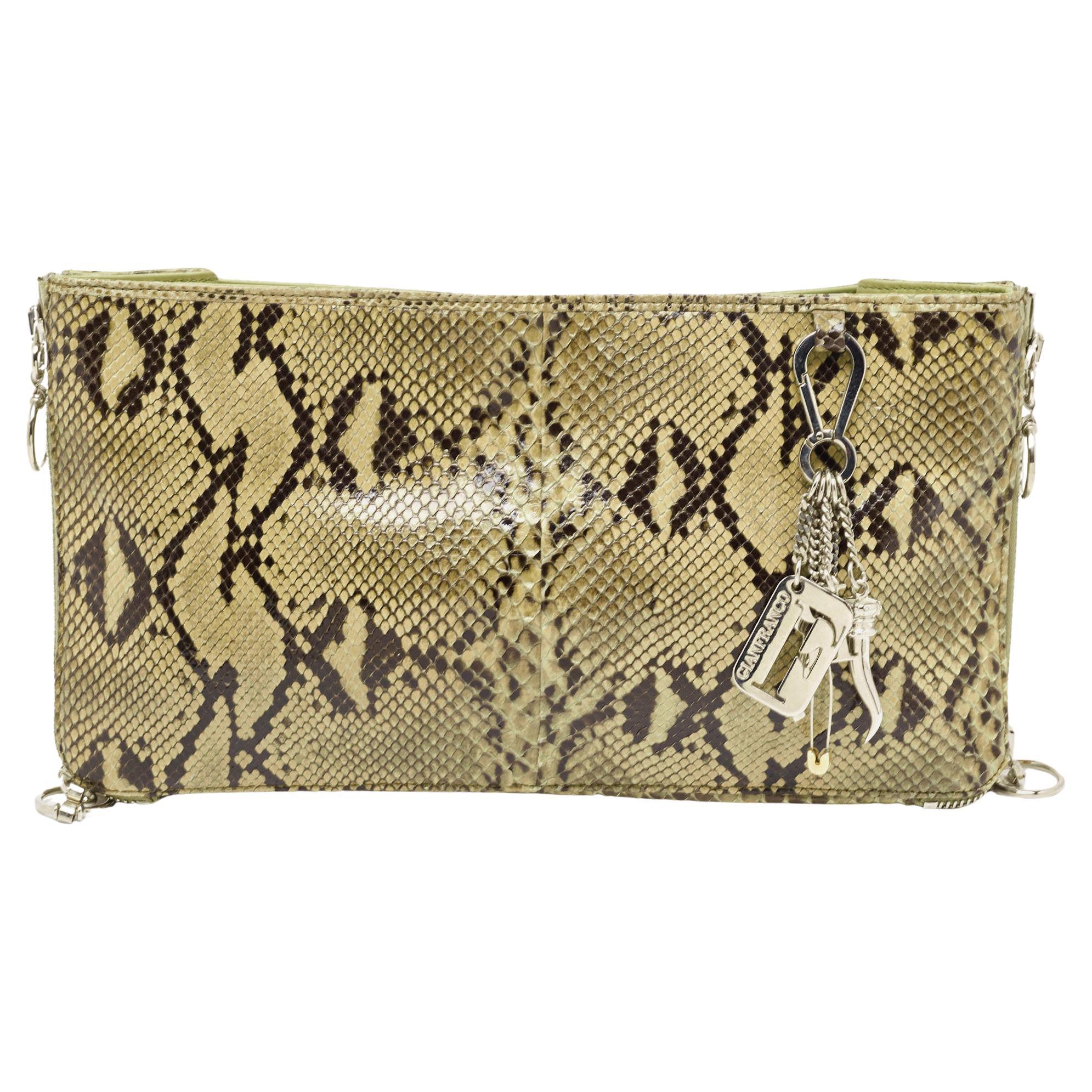 Gianfranco Ferre Olive Green Python Oversized Zip Clutch For Sale