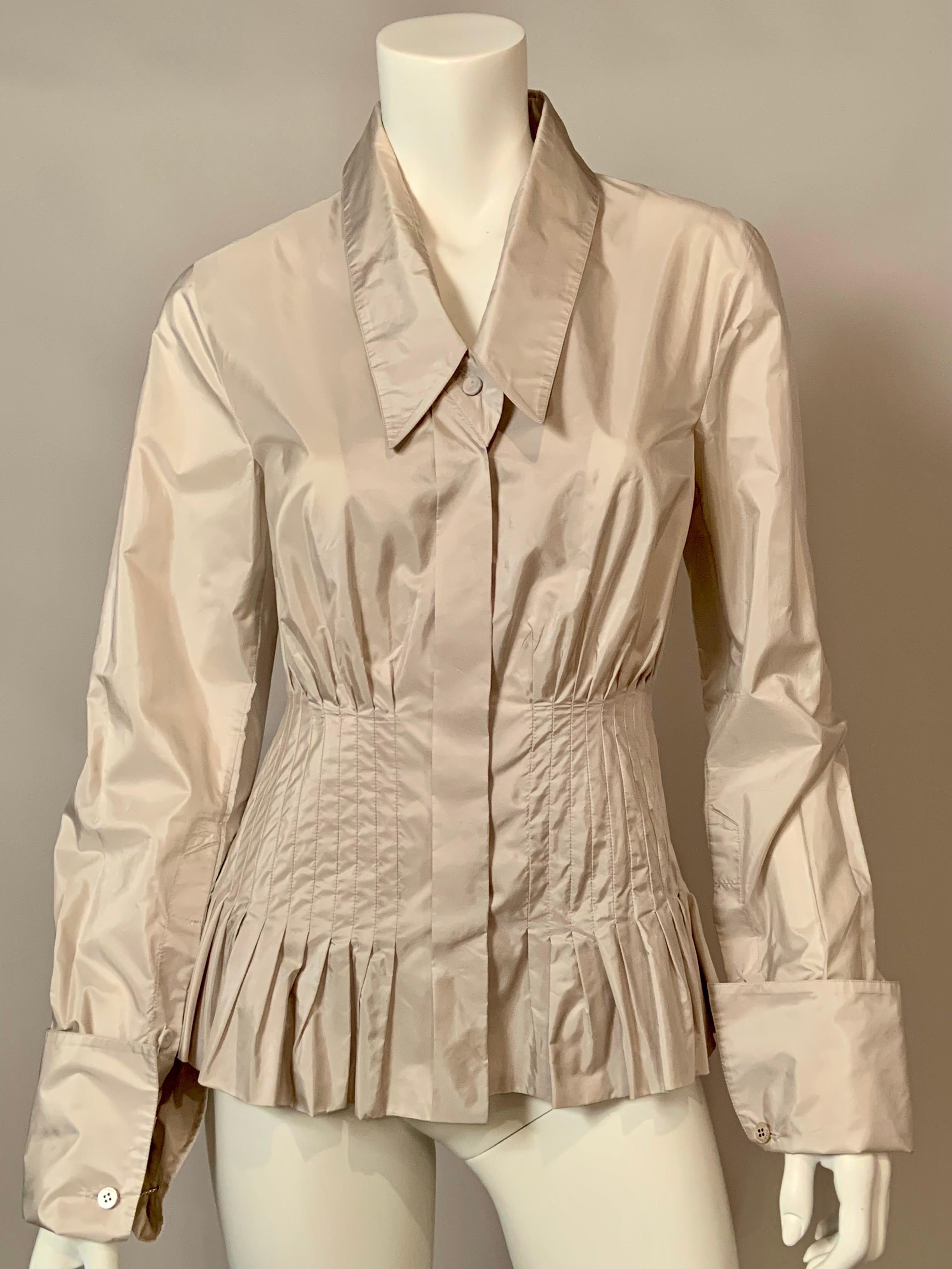 Gianfranco Ferre Pale Oyster Grey Silk Blouse with Peplum In Excellent Condition For Sale In New Hope, PA