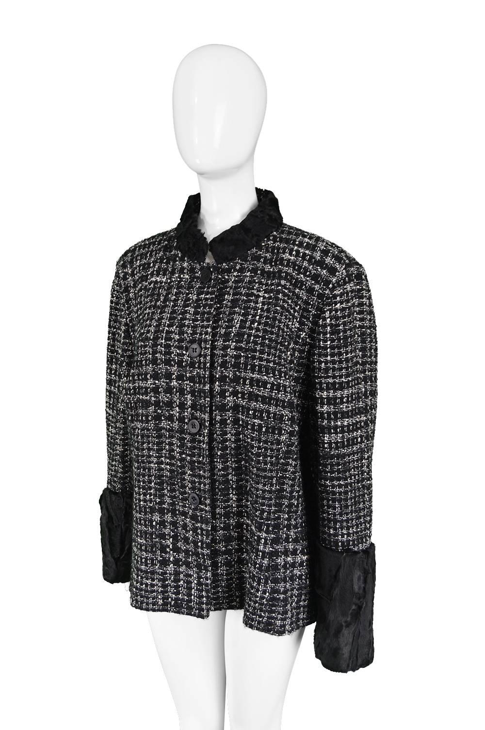 Women's Gianfranco Ferre Persian Lamb Trim Black & White Bouclé Plus Size Jacket, 1990s For Sale