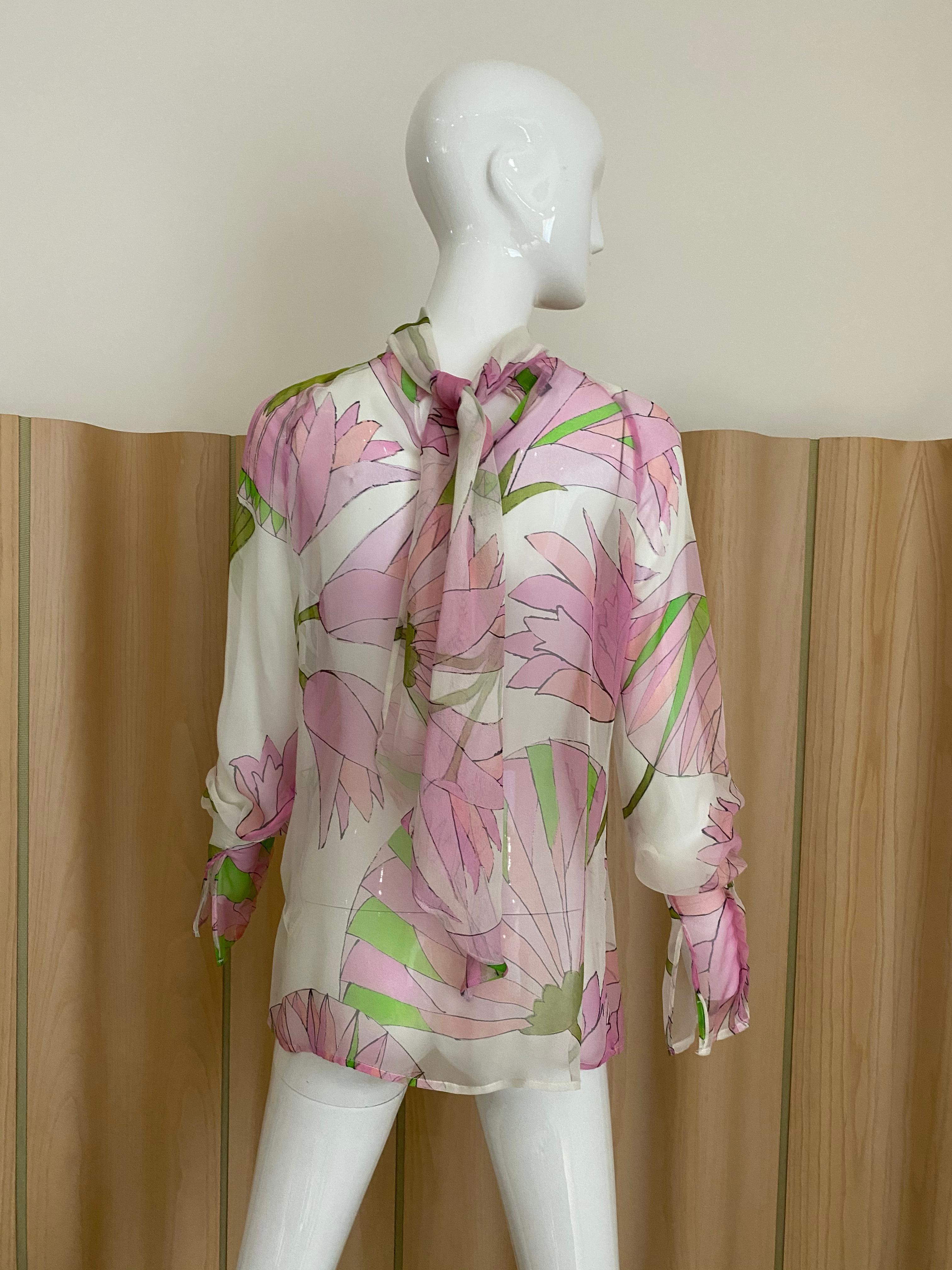 90s Gianfranco Ferre Pink and green floral print long sleeve silk blouse. 
Size: 4