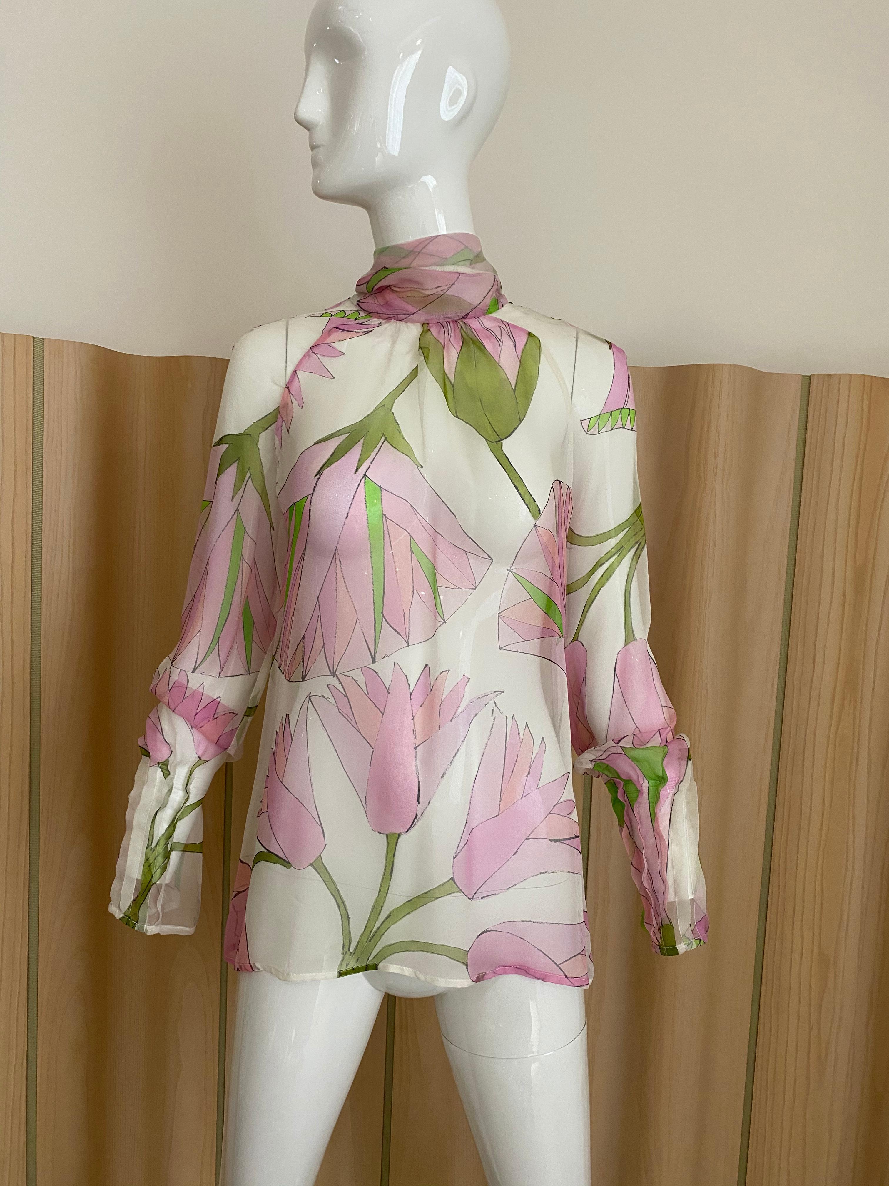 Gray Gianfranco Ferre Pink and White Floral Print Silk Blouse 