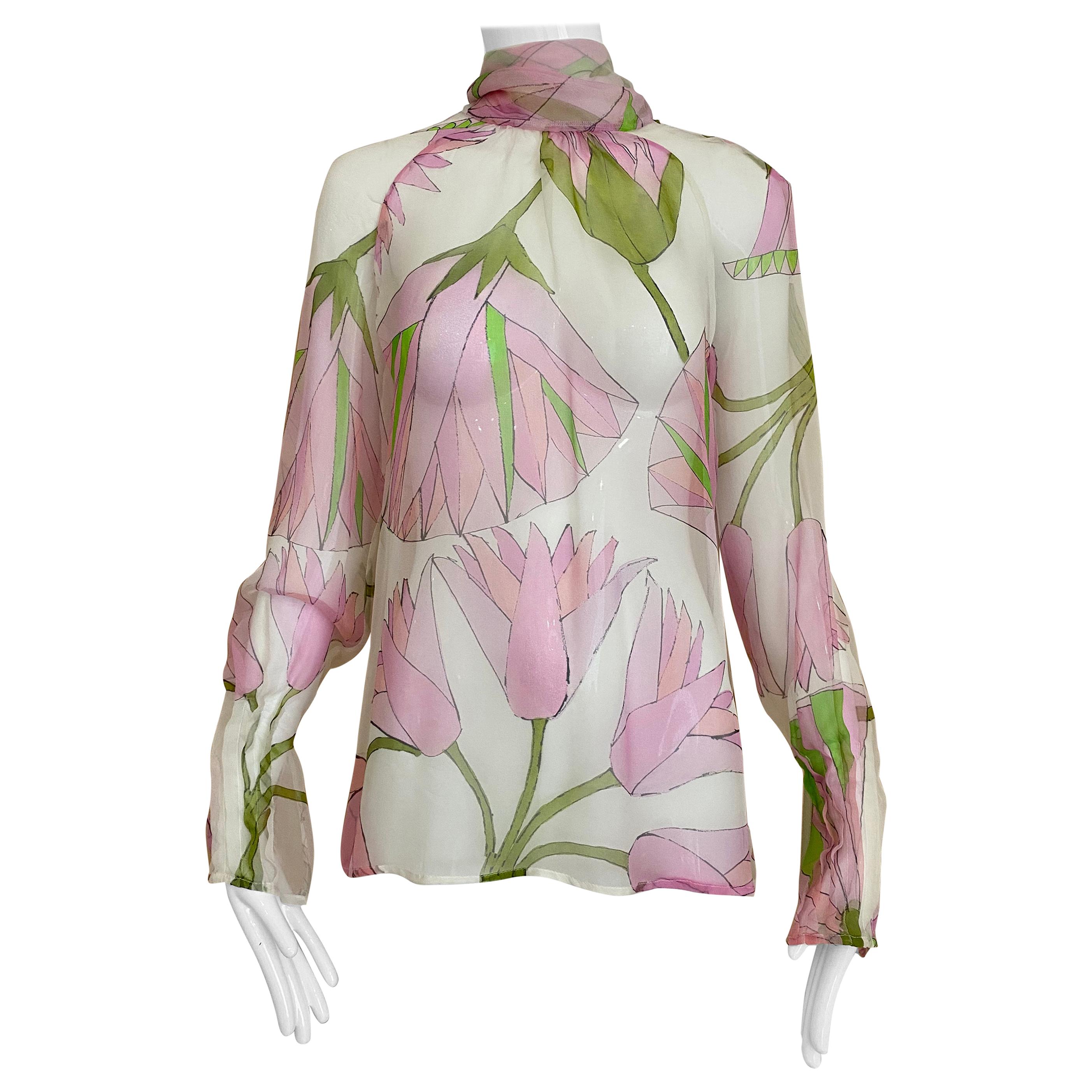 Gianfranco Ferre Pink and White Floral Print Silk Blouse 