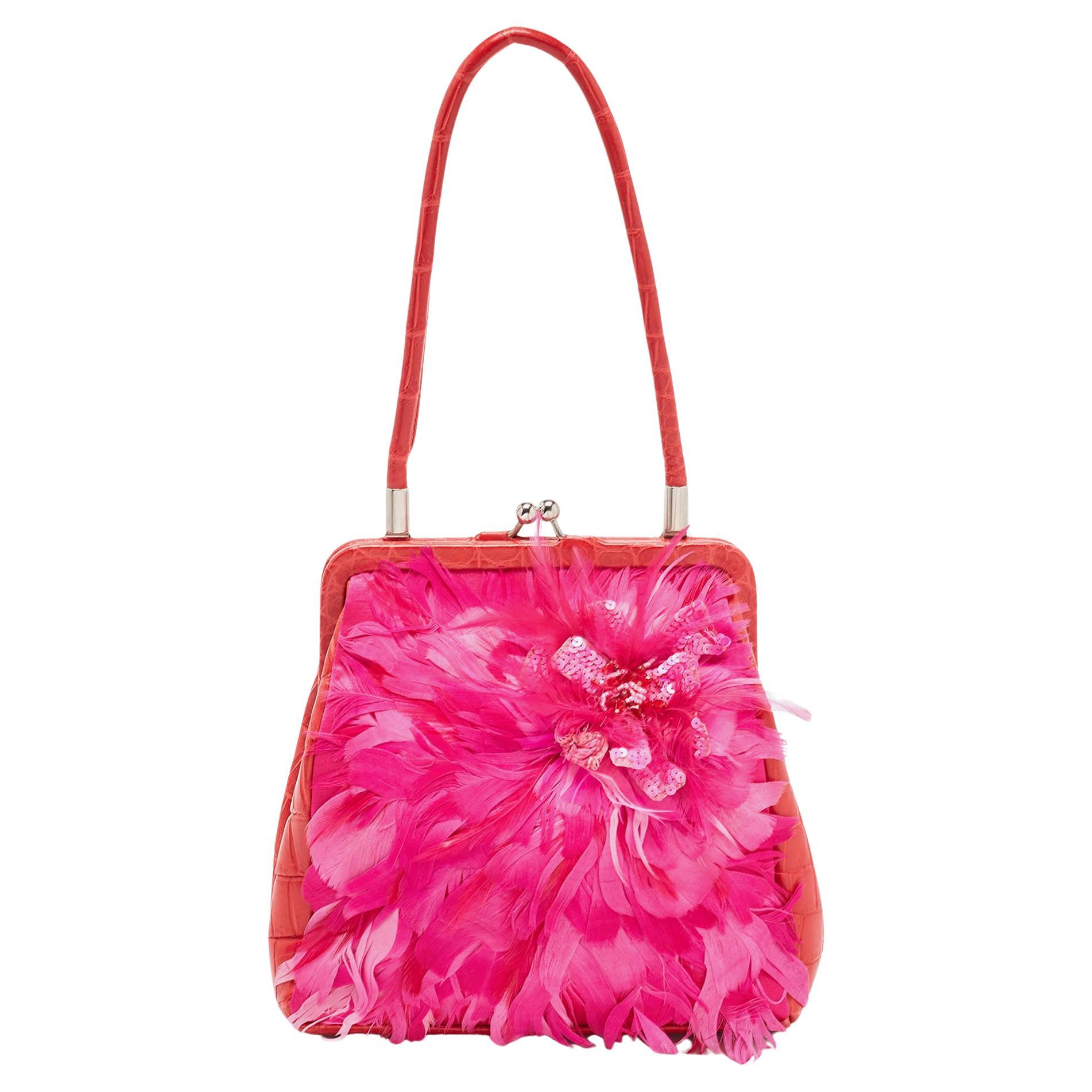 Gianfranco Ferre Red/Magenta Crocodile and Feather Top Handle Bag For Sale