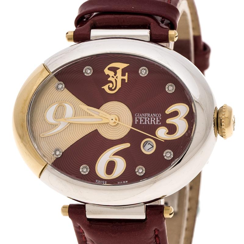 Contemporary Gianfranco Ferre Red Stainless Steel Diamond Collection Oval Women's Wristwatch 