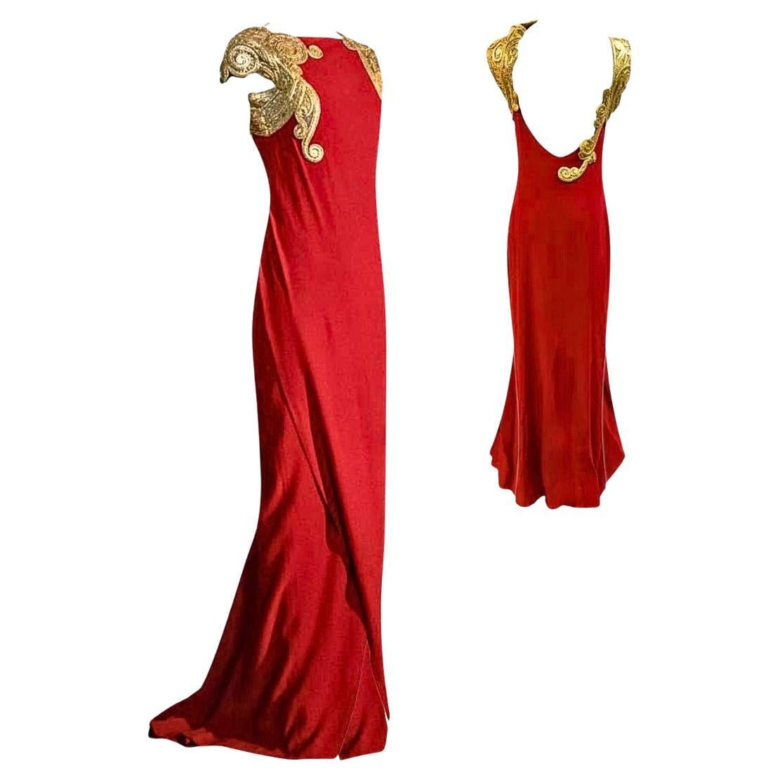 Gianfranco Ferre Runway Rotes Abendkleid mit Goldbesatz Herbst/Winter 1992 Sz 40IT