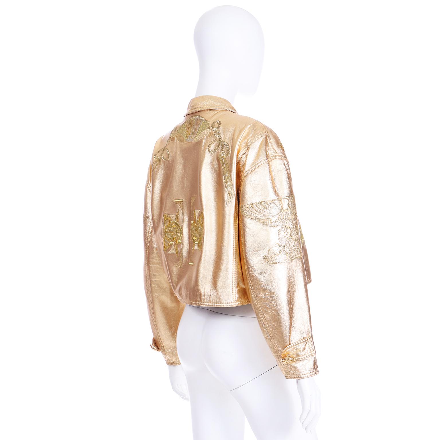 Gianfranco Ferre S/S 1992 Runway Gold Leather Embroidered Ocean Theme Jacket In Excellent Condition For Sale In Portland, OR