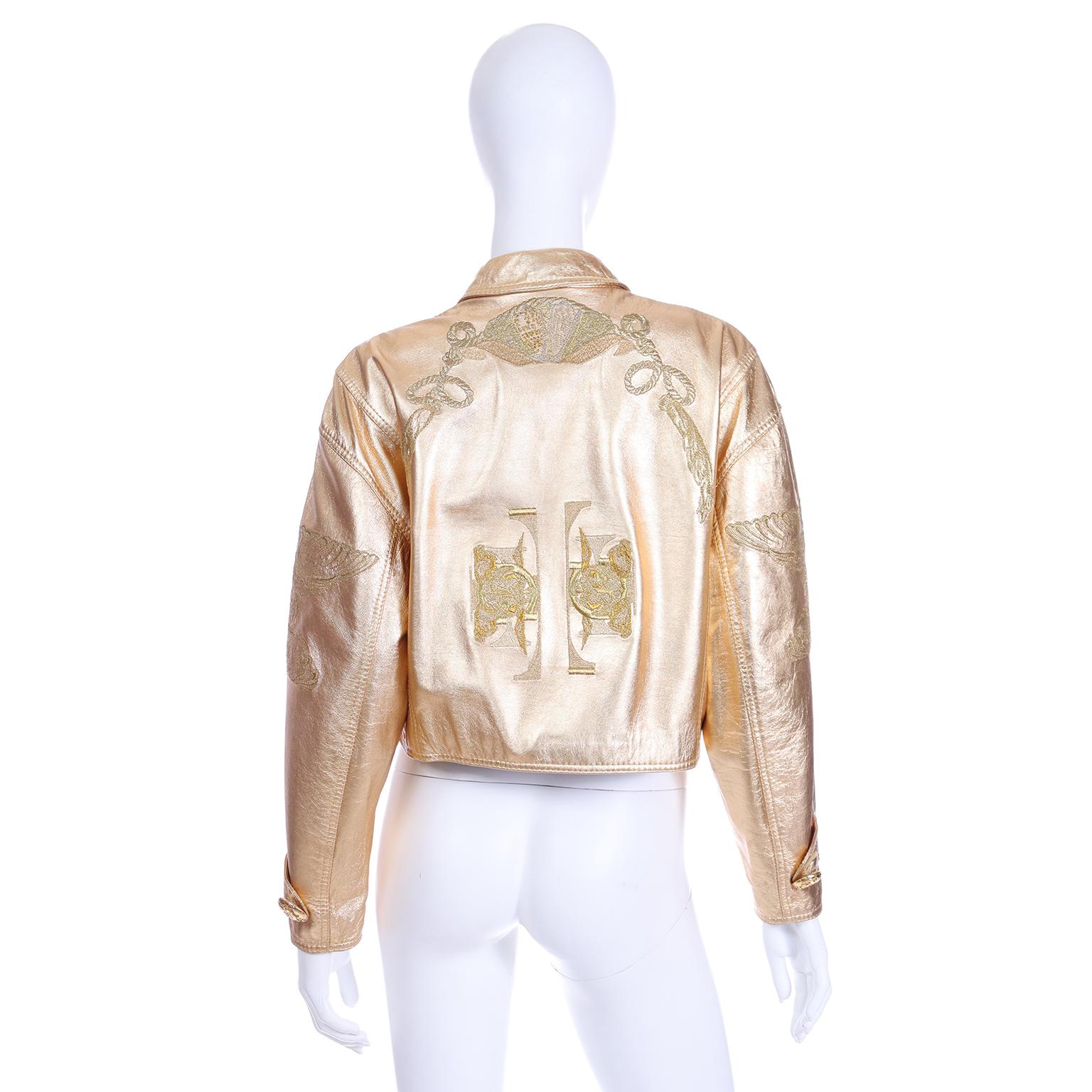 Women's Gianfranco Ferre S/S 1992 Runway Gold Leather Embroidered Ocean Theme Jacket For Sale
