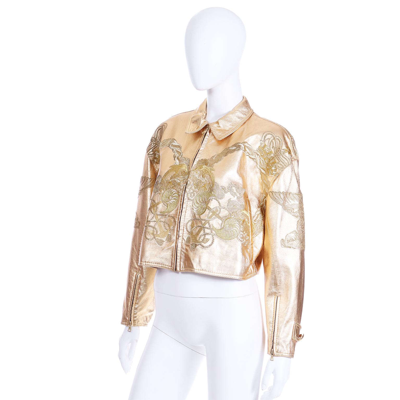 Gianfranco Ferre S/S 1992 Runway Gold Leather Embroidered Ocean Theme Jacket For Sale 2