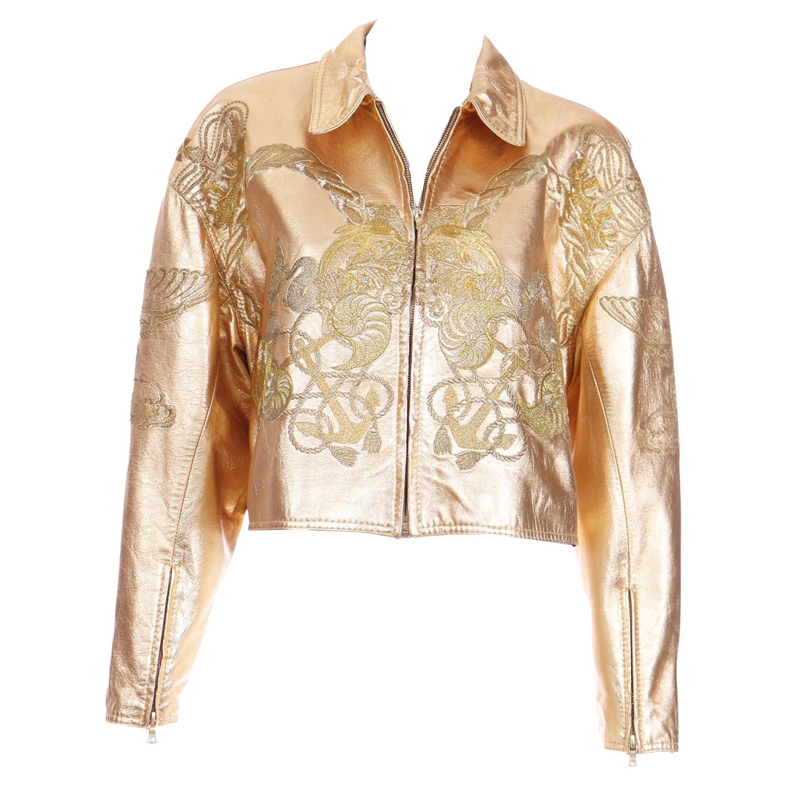 Gianfranco Ferre S/S 1992 Runway Gold Leather Embroidered Ocean Theme Jacket