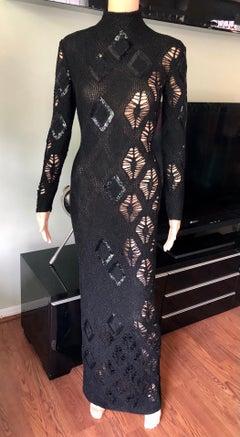 Gianfranco Ferre S/S 2002 Beaded Sequin Sheer Crochet Knit Black Maxi Dress Gown