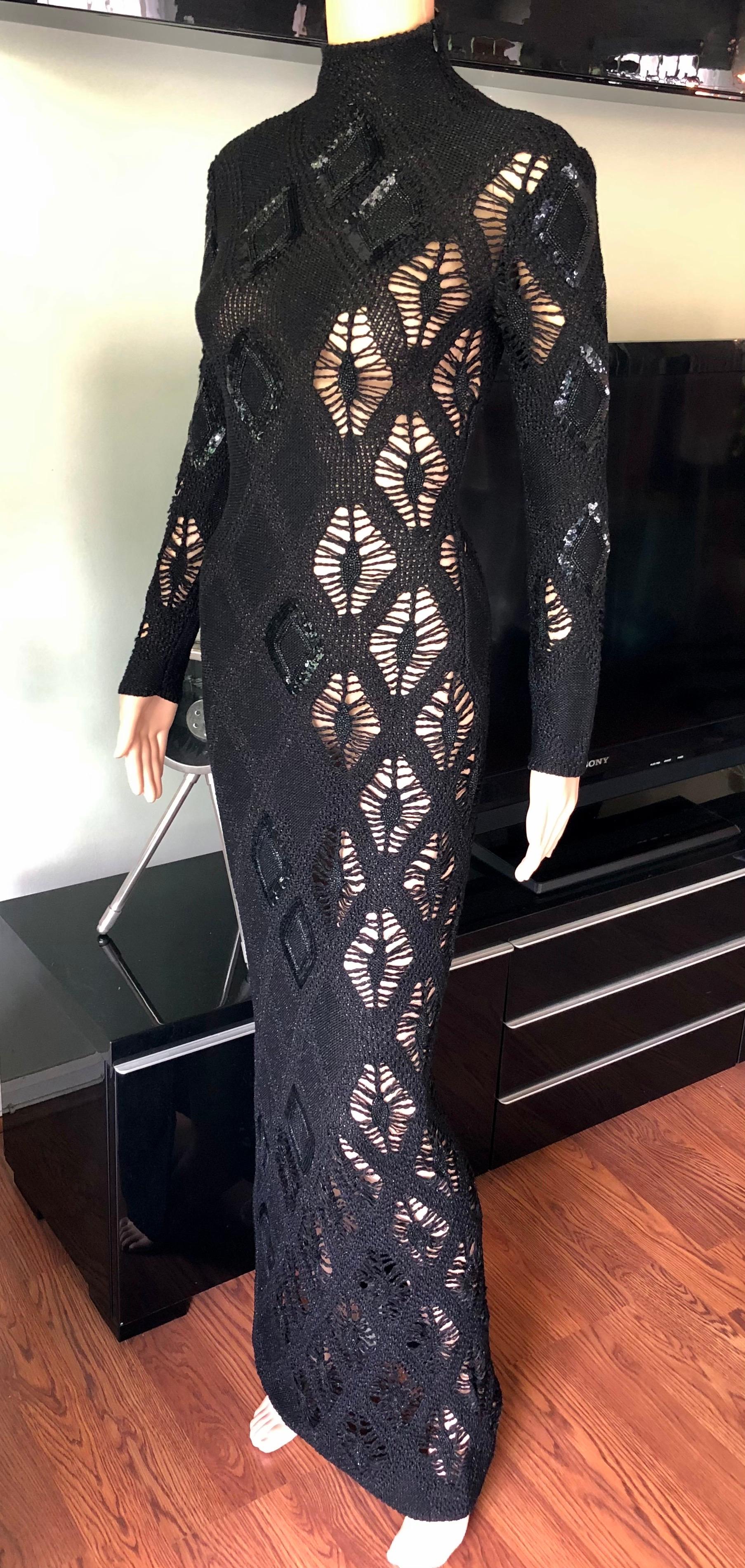 Women's Gianfranco Ferre S/S 2002 Beaded Sequin Sheer Crochet Knit Black Maxi Dress Gown For Sale