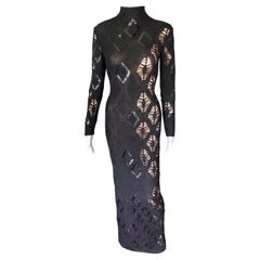 Gianfranco Ferre S/S 2002 Beaded Sequin Sheer Crochet Knit Black Maxi Dress Gown