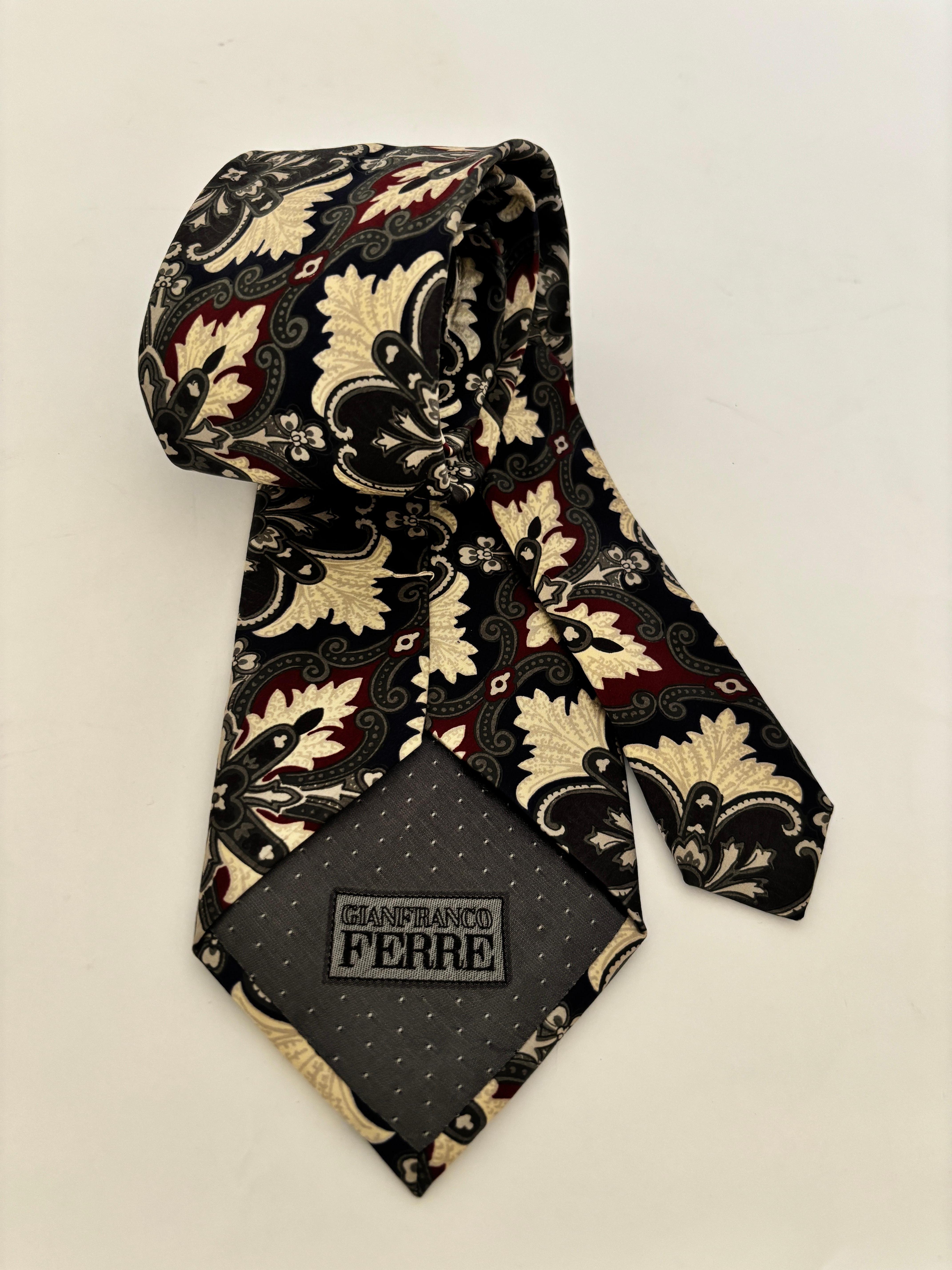 Men's GIANFRANCO FERRE Silk Necktie Luxury Men Necktie Black and Gold Paisley Italy For Sale