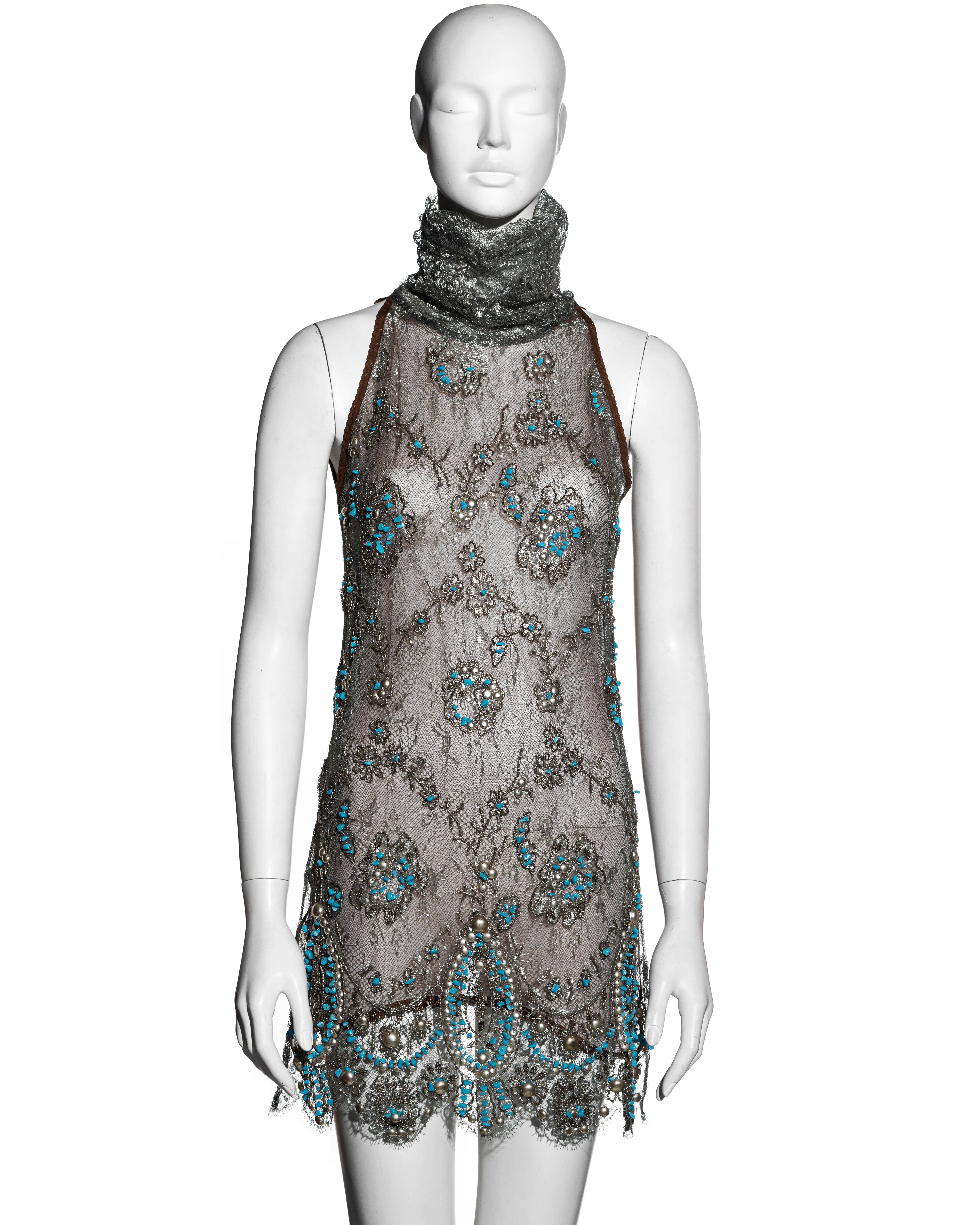 Silver Gianfranco Ferre silver lamé lace embellished mini dress, ss 2006 For Sale