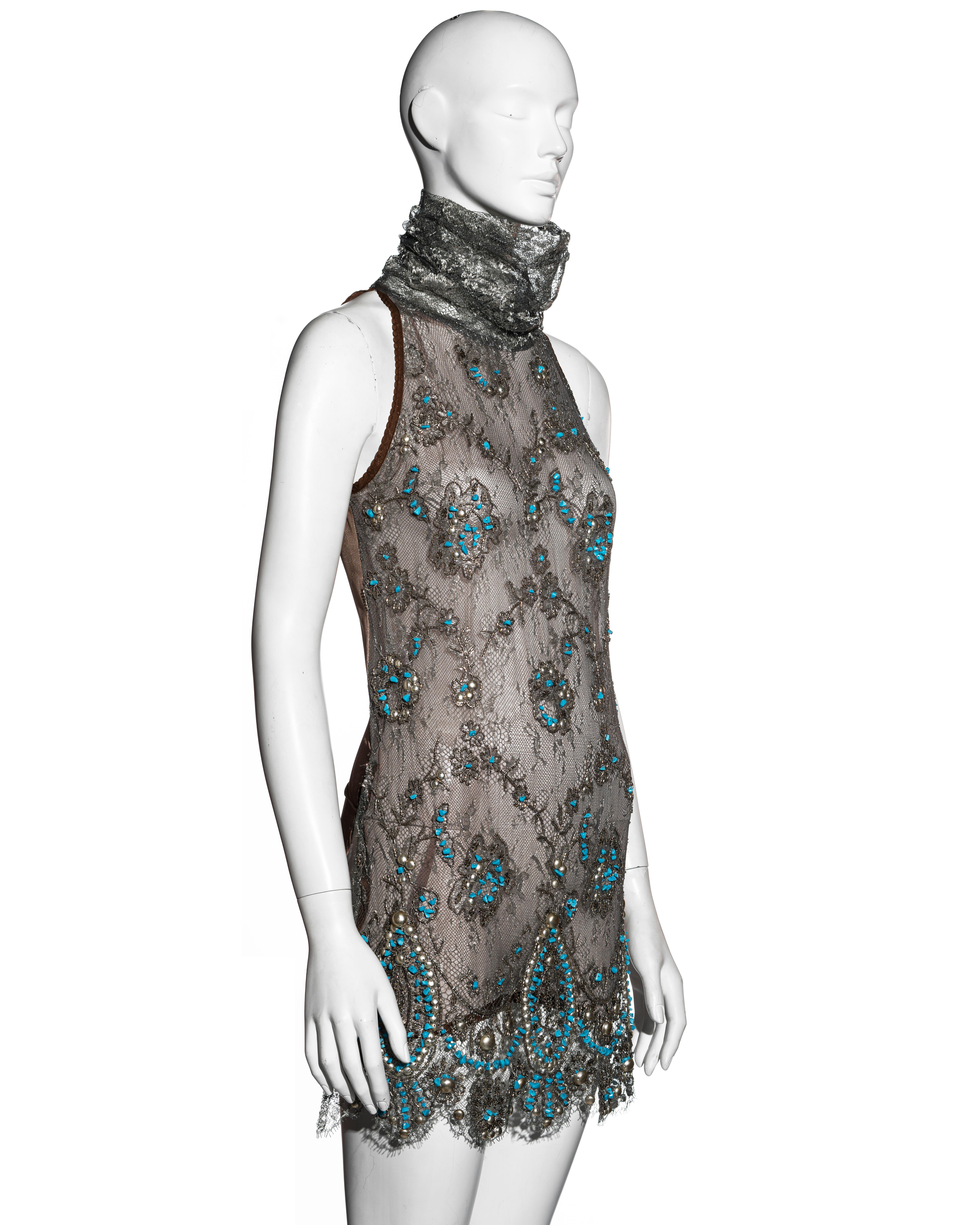 Gianfranco Ferre silver lamé lace embellished mini dress, ss 2006 In Excellent Condition For Sale In London, GB