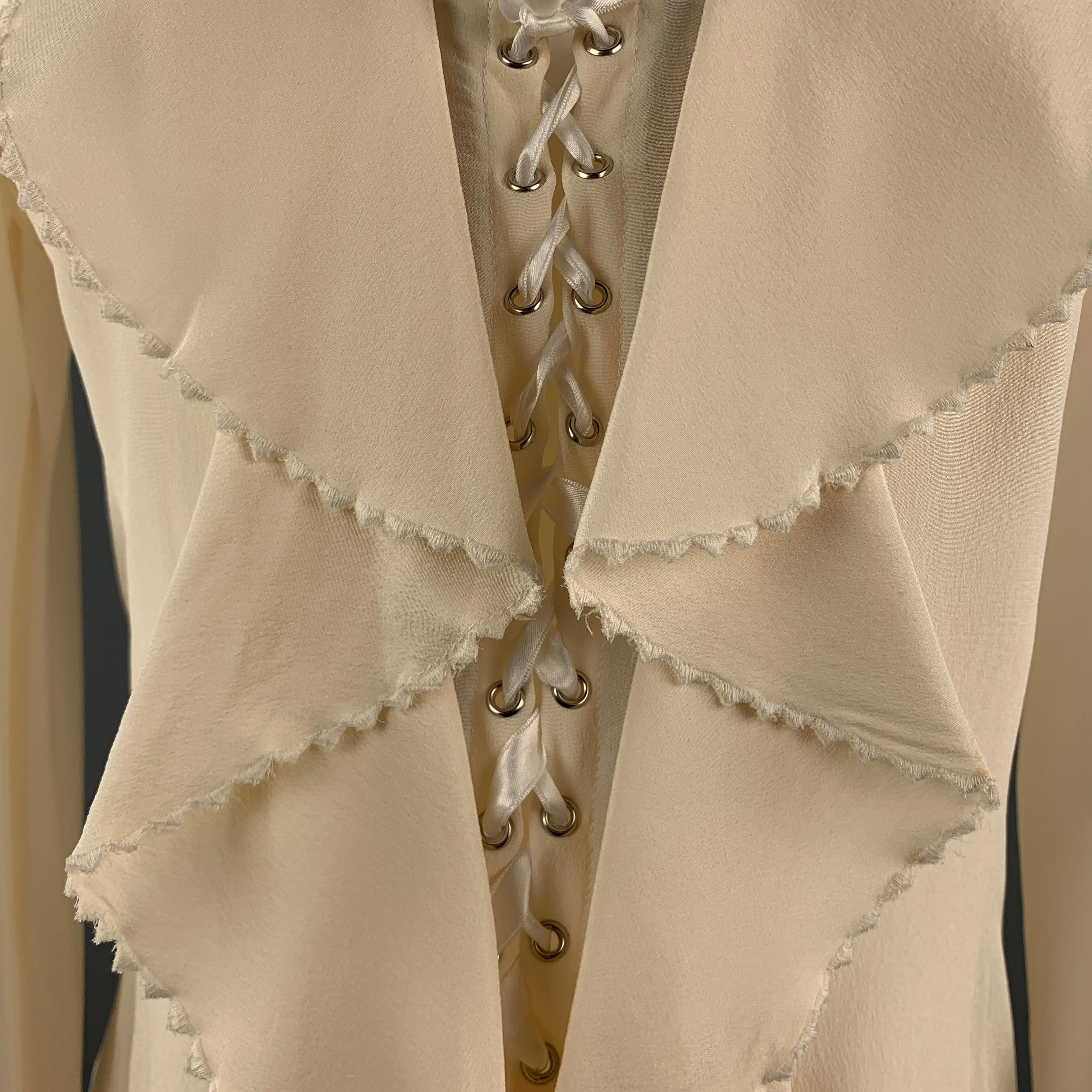 Beige GIANFRANCO FERRE Size 4 Cream Silk Ruffled Corset Long Sleeve Blouse
