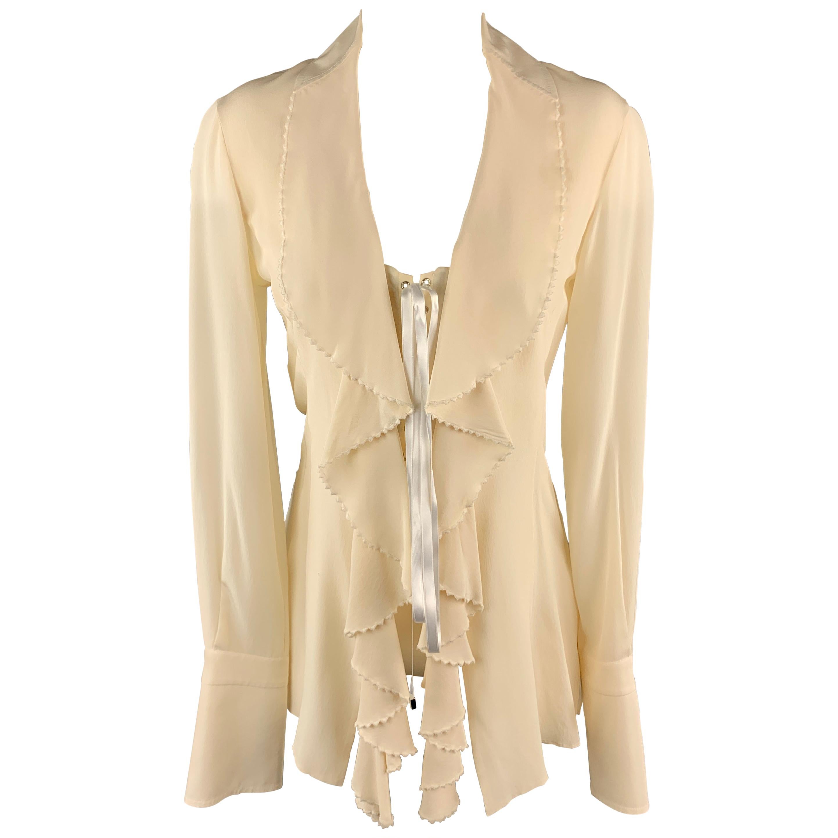 GIANFRANCO FERRE Size 4 Cream Silk Ruffled Corset Long Sleeve Blouse