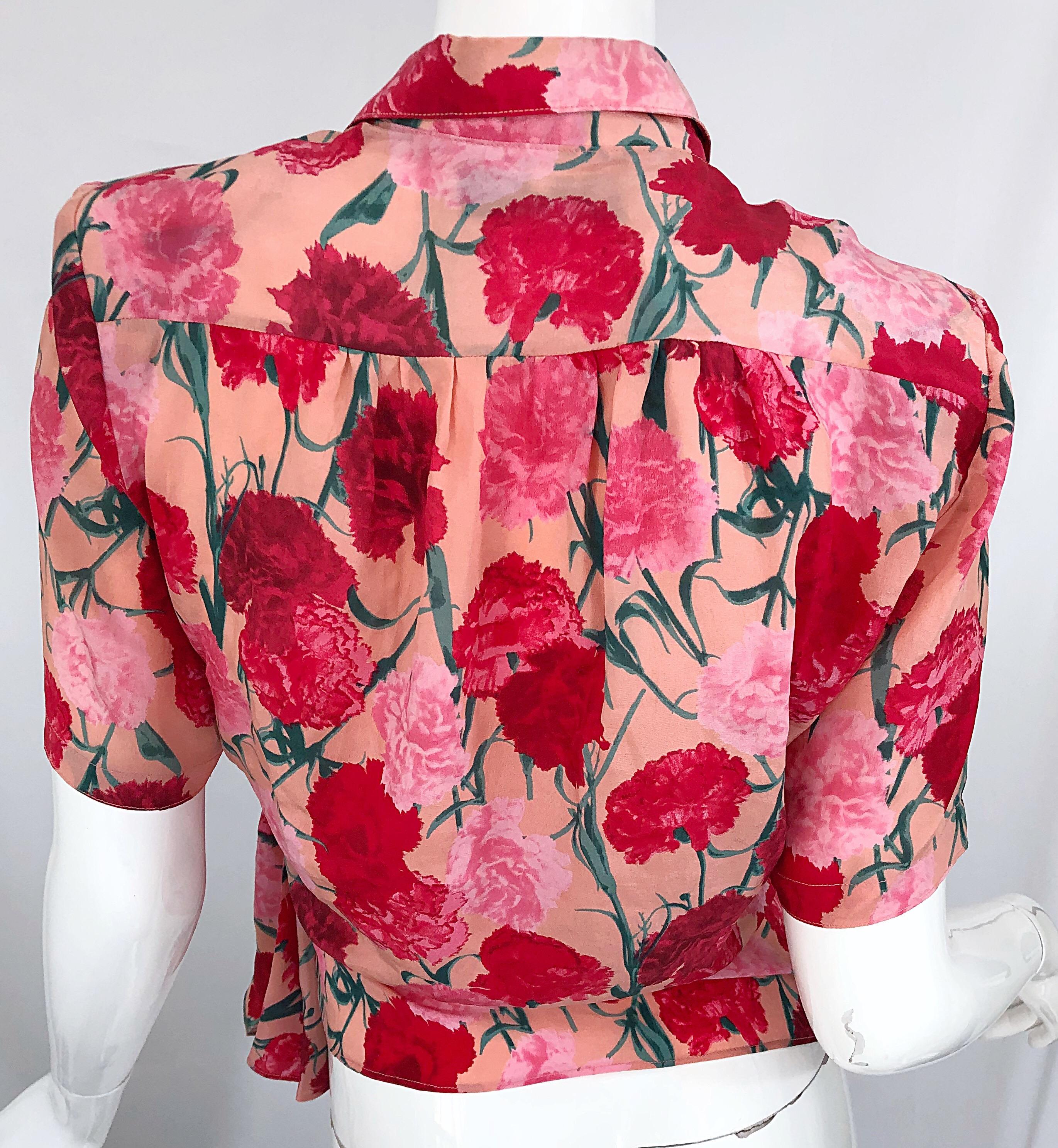Gianfranco Ferre Size 42 Pink Red Carnation Print Silk Vintage 90s Wrap Blouse 3