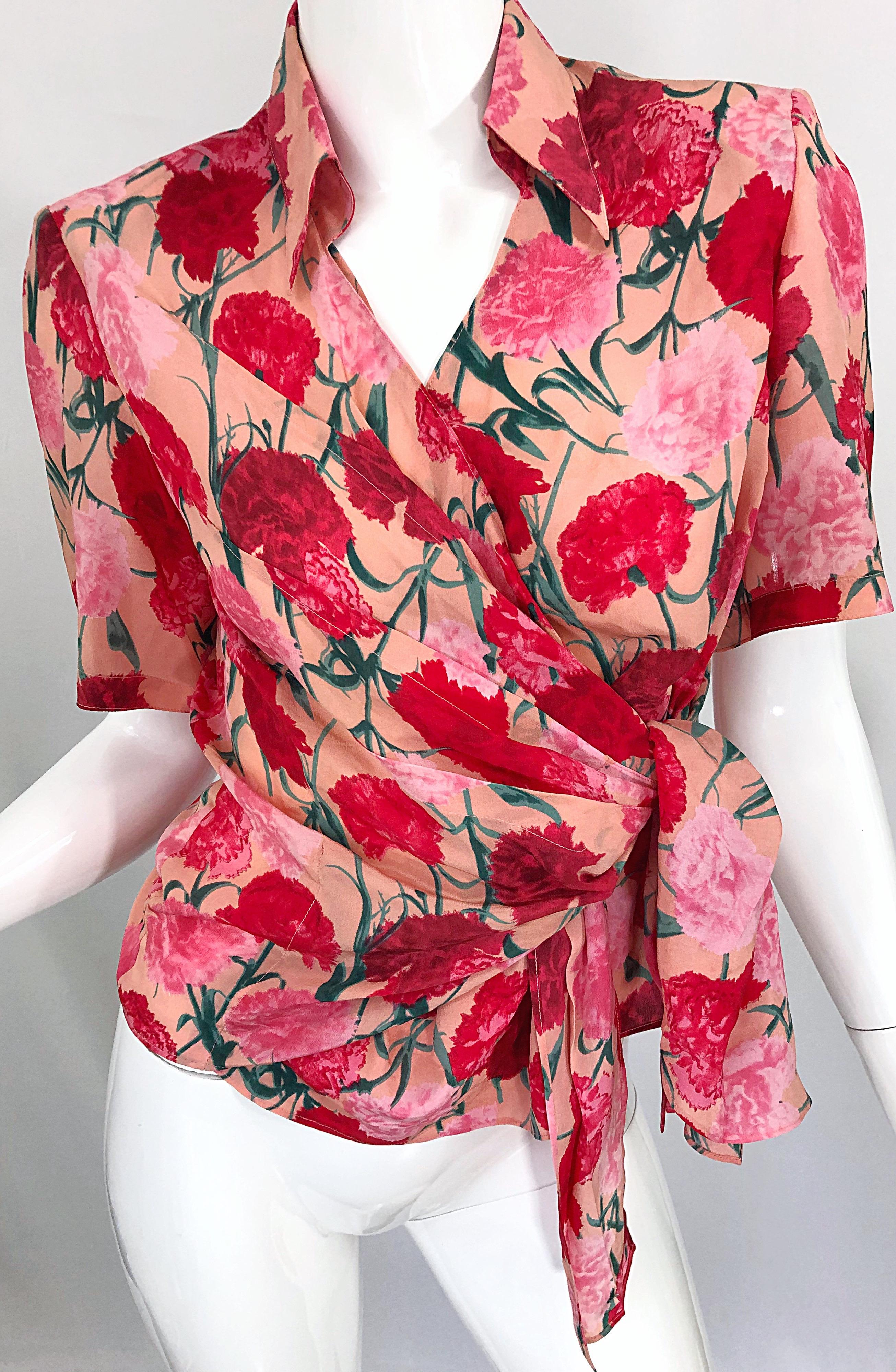 Gianfranco Ferre Size 42 Pink Red Carnation Print Silk Vintage 90s Wrap Blouse 4
