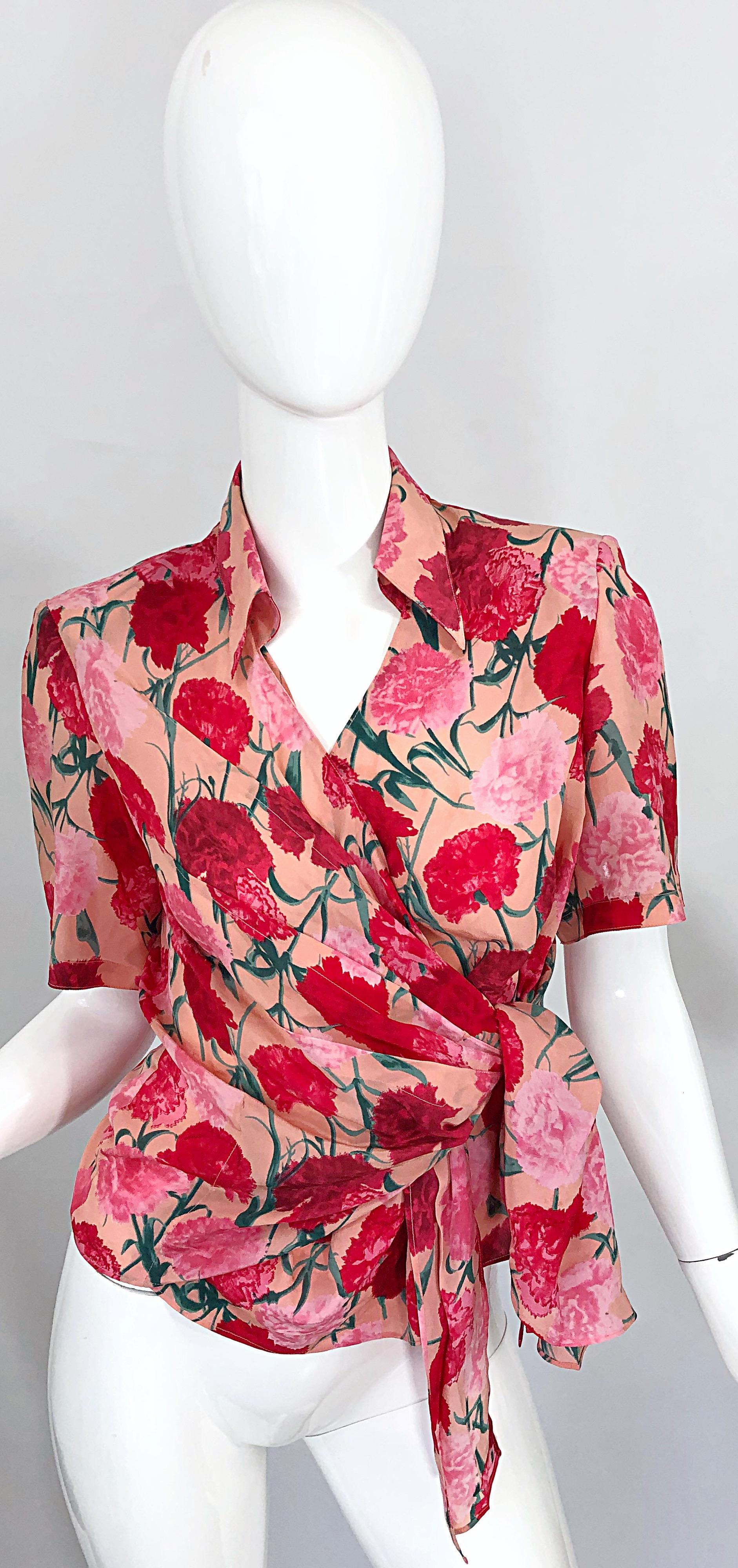 Gianfranco Ferre Size 42 Pink Red Carnation Print Silk Vintage 90s Wrap Blouse 6