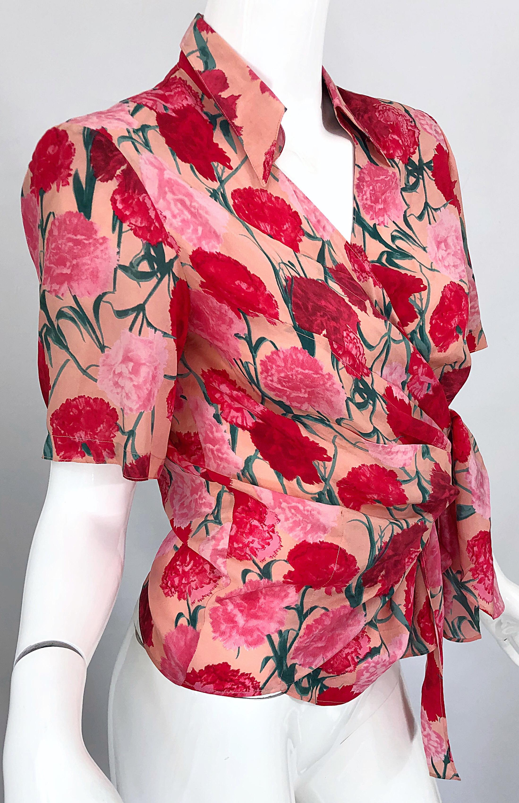 Women's Gianfranco Ferre Size 42 Pink Red Carnation Print Silk Vintage 90s Wrap Blouse
