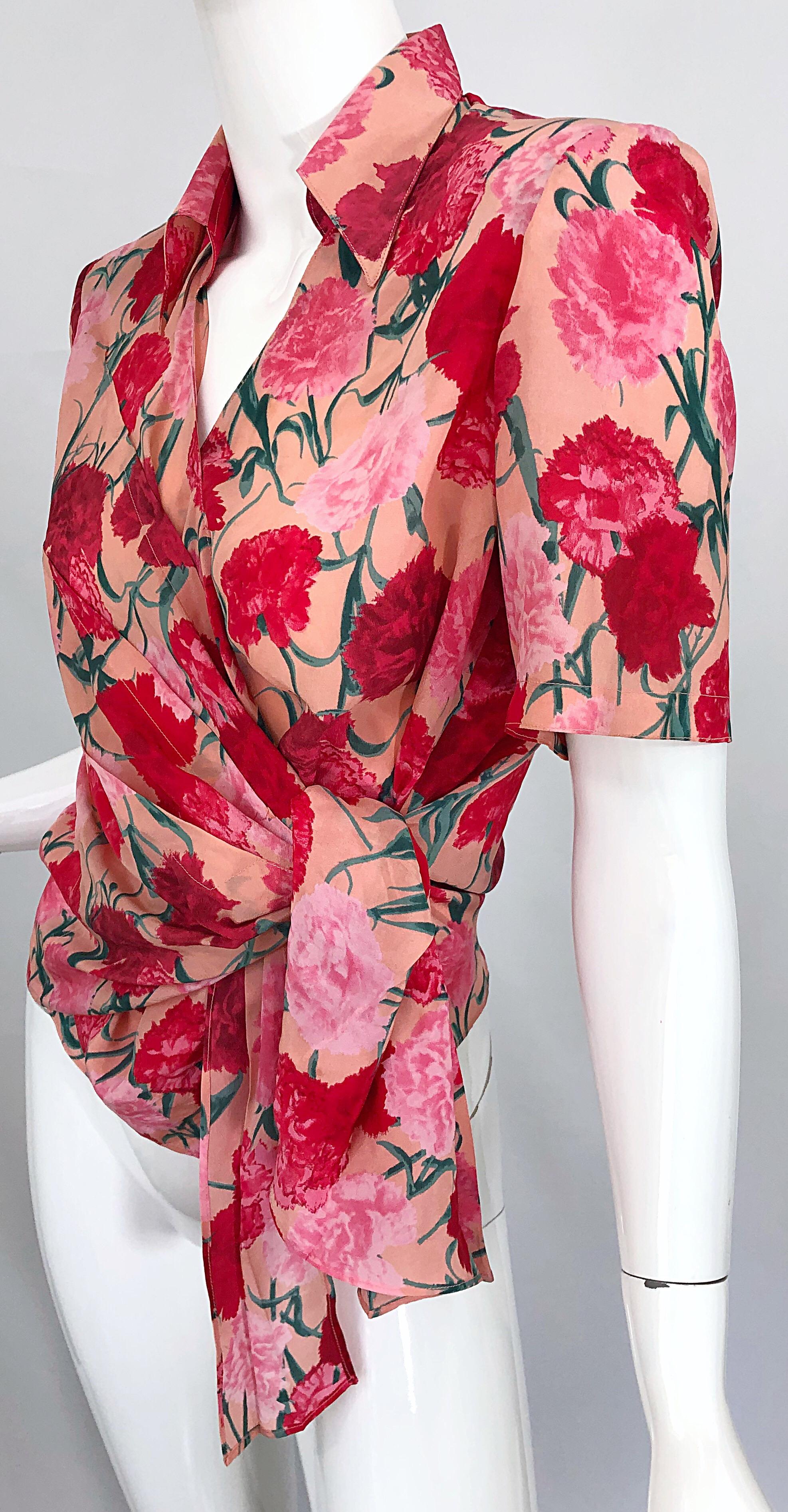 Gianfranco Ferre Size 42 Pink Red Carnation Print Silk Vintage 90s Wrap Blouse 2