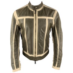 GIANFRANCO FERRE Size S Khaki & Olive Mixed Materials Leather Trim Zip Up Jacket